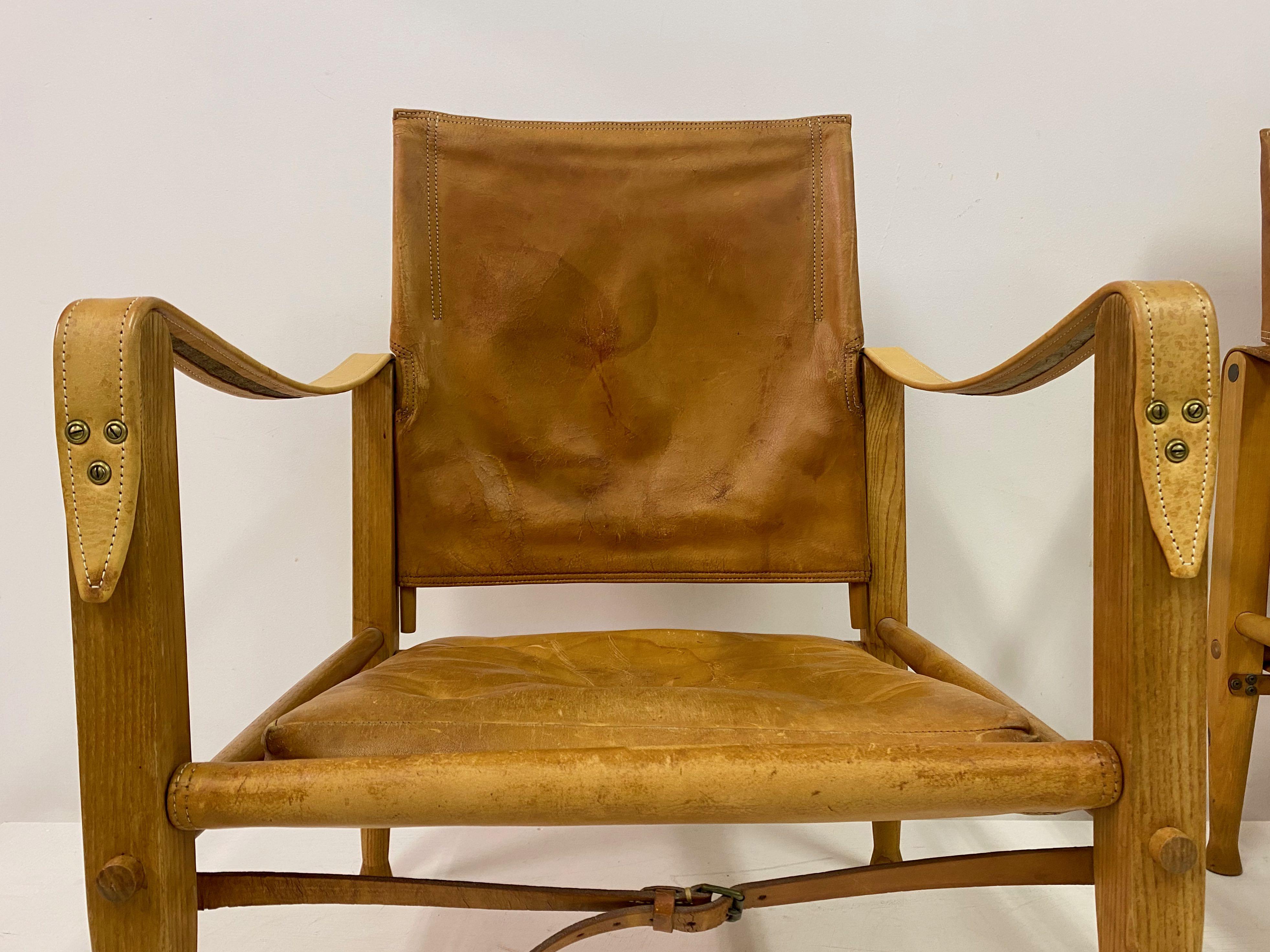 Danish Pair of Leather and Ash Safari Chairs by Kaare Klint