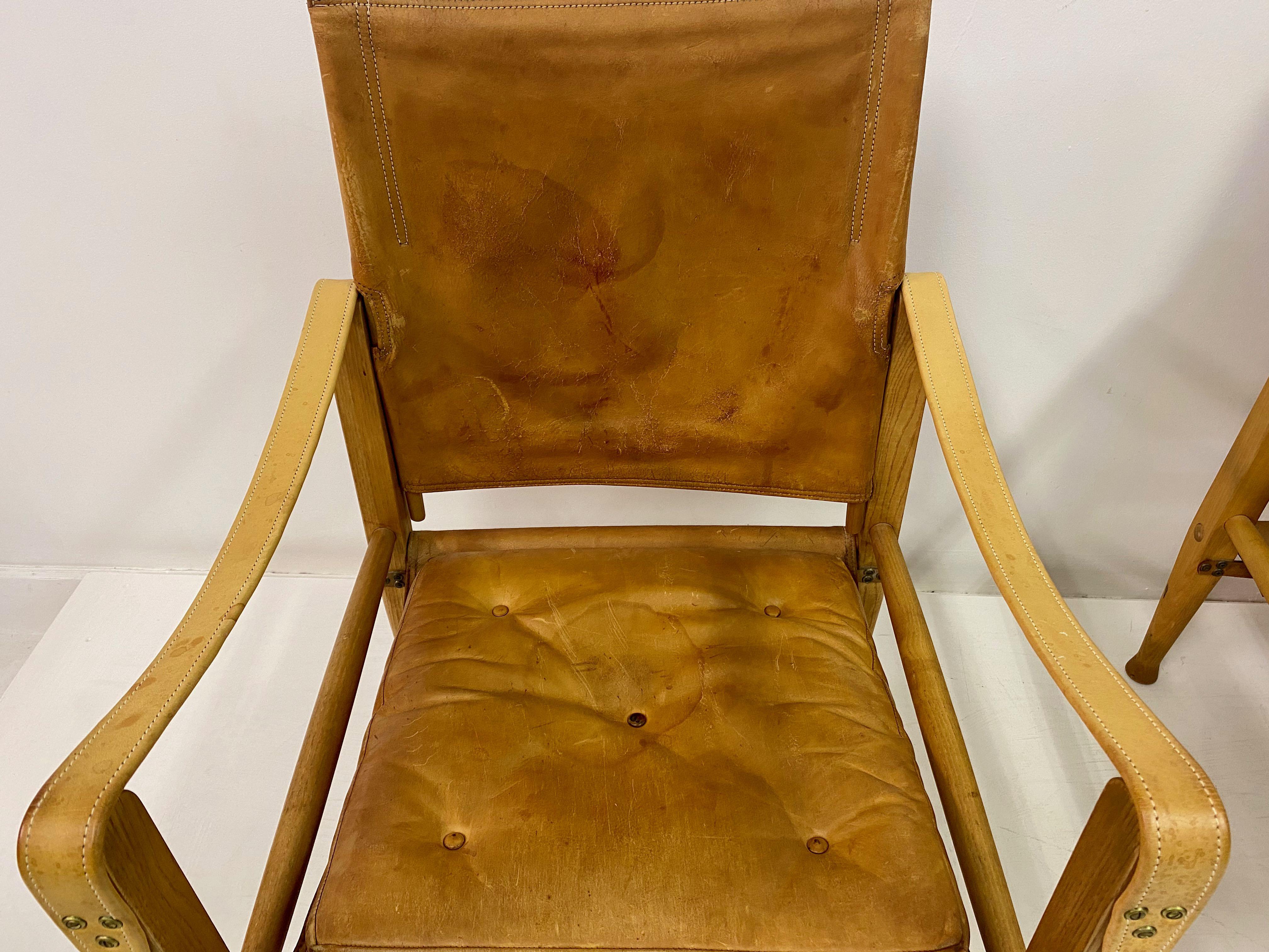 Pair of Leather and Ash Safari Chairs by Kaare Klint In Good Condition In London, London