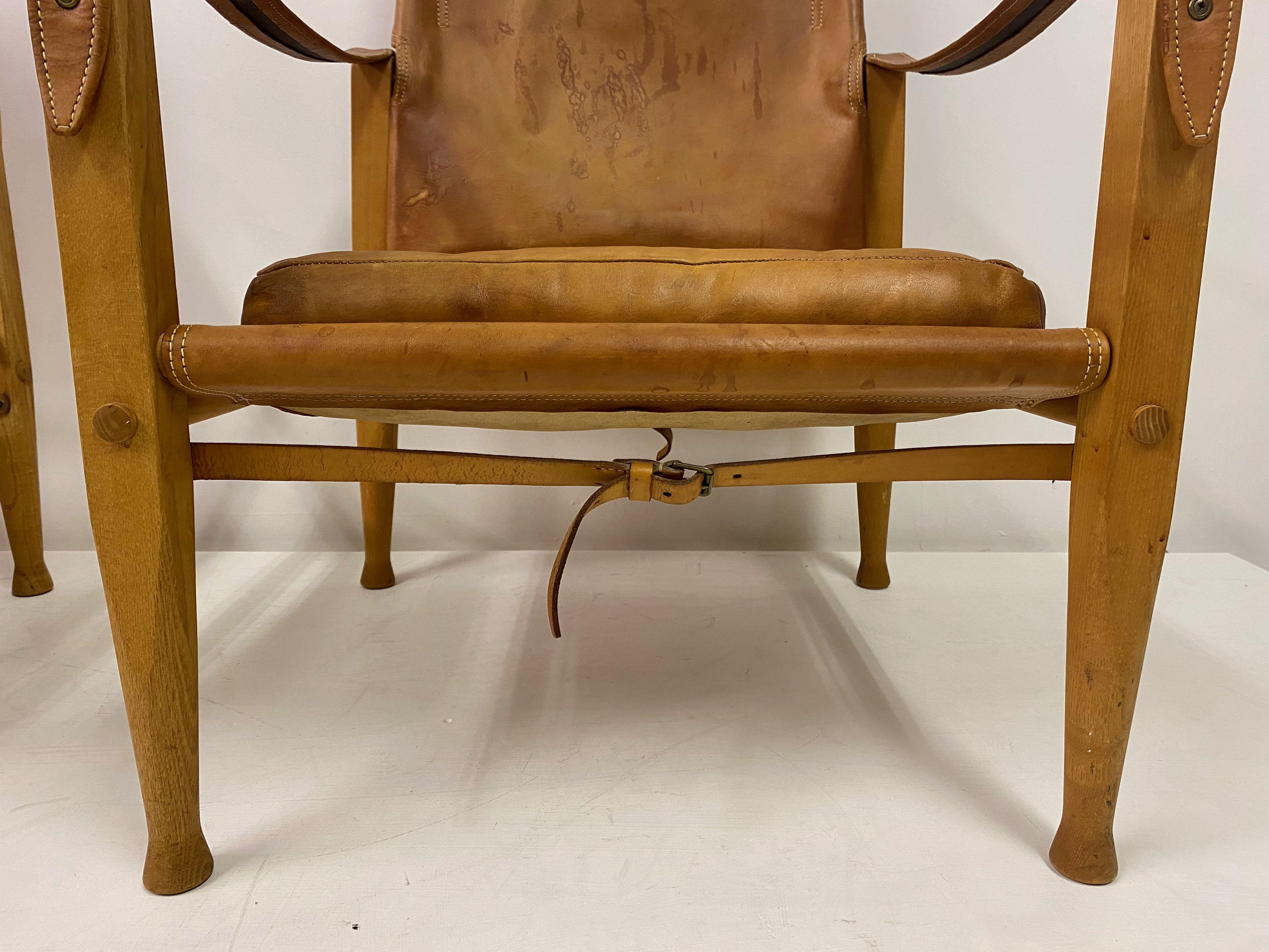 20th Century Pair of Leather and Ash Safari Chairs by Kaare Klint