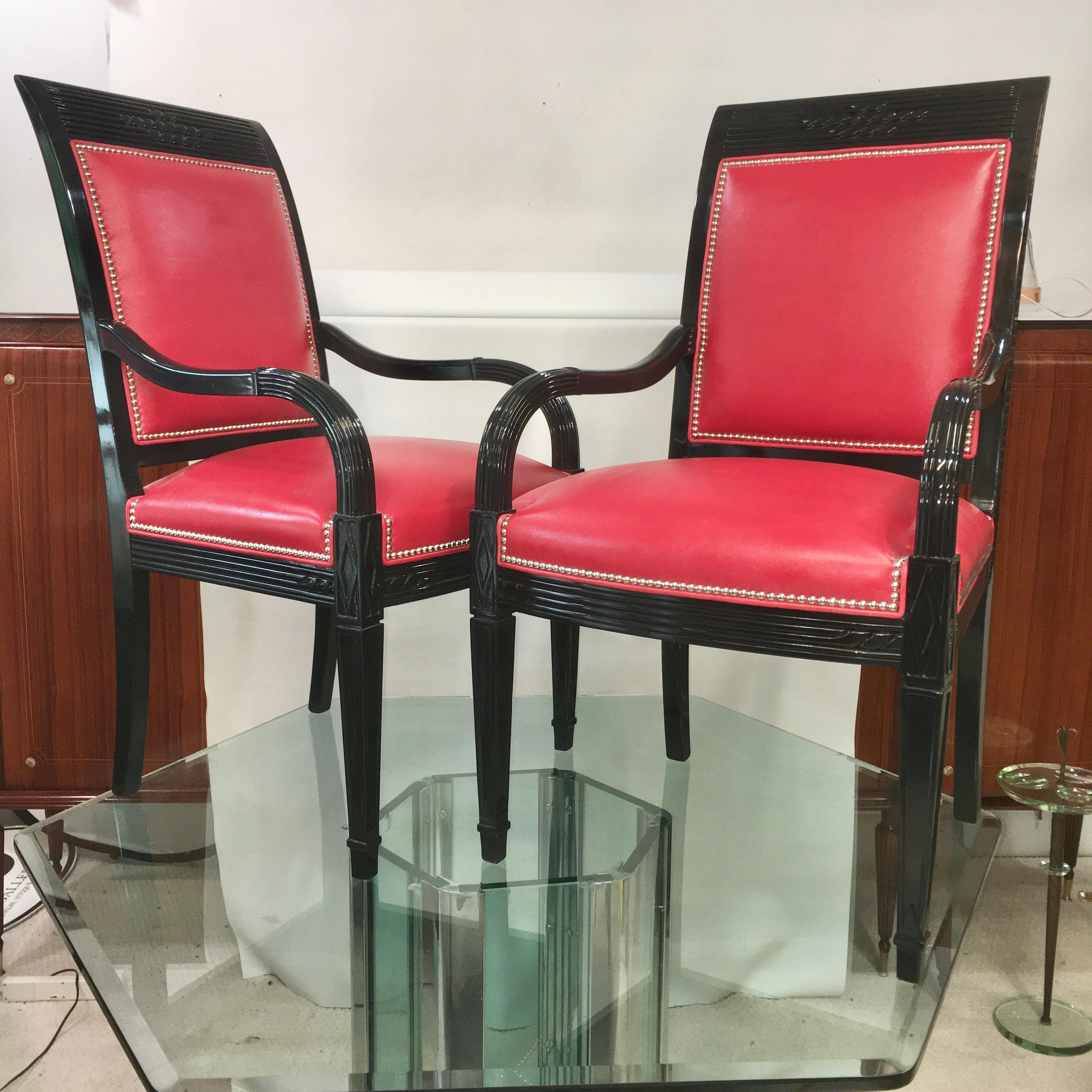 Art Deco Pair of Leather and Black Lacquer Armchairs For Sale