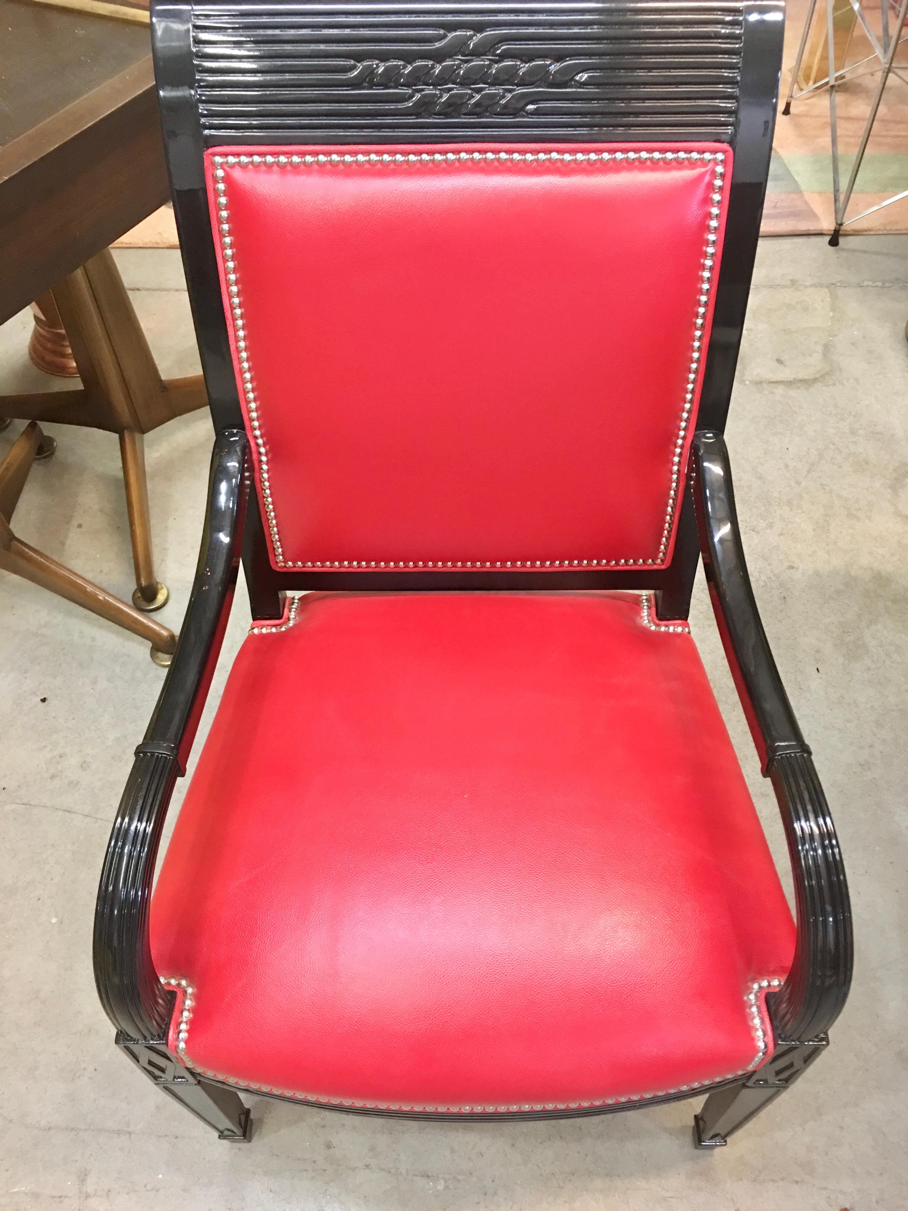 American Pair of Leather and Black Lacquer Armchairs For Sale