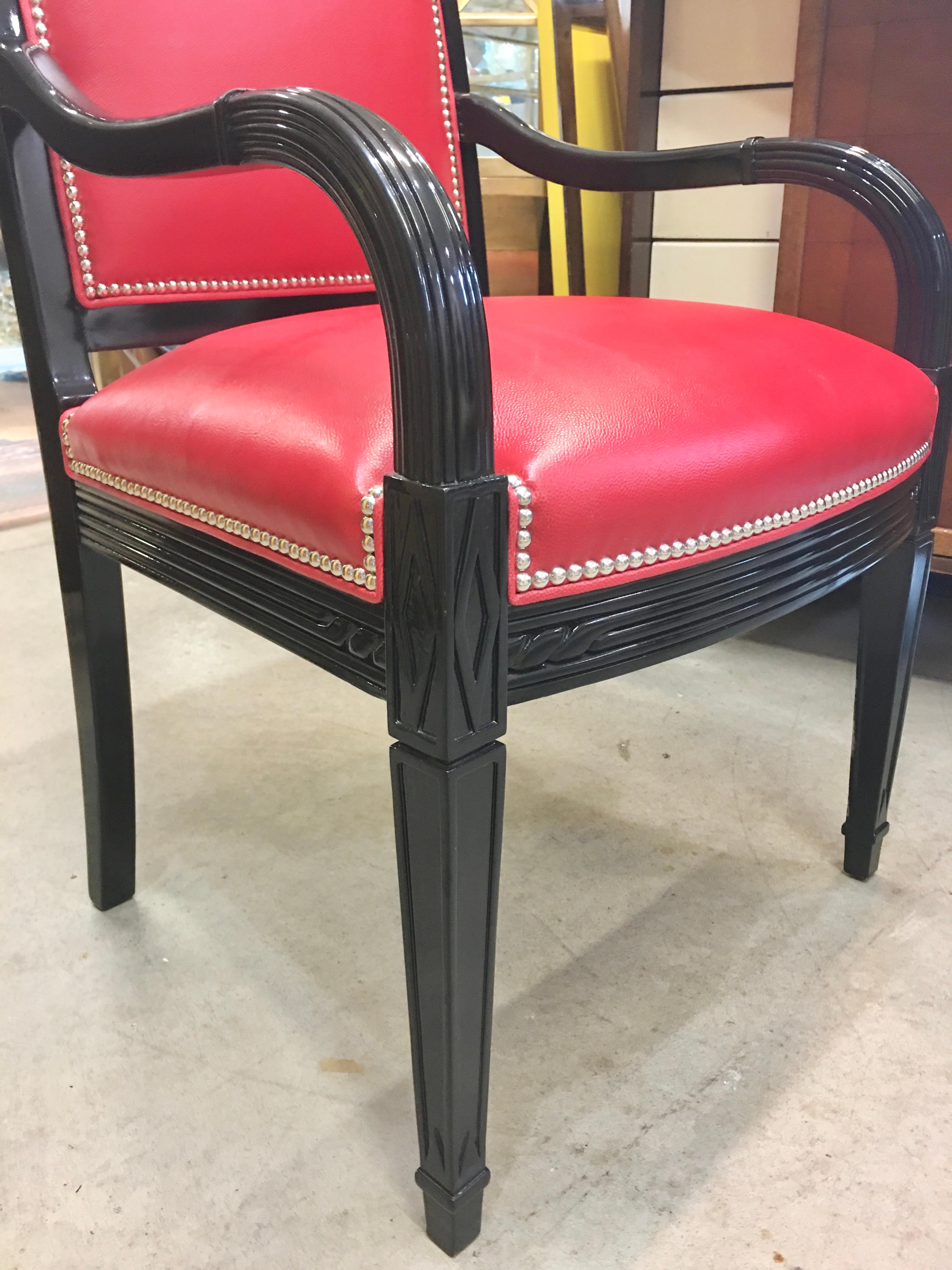 20th Century Pair of Leather and Black Lacquer Armchairs For Sale