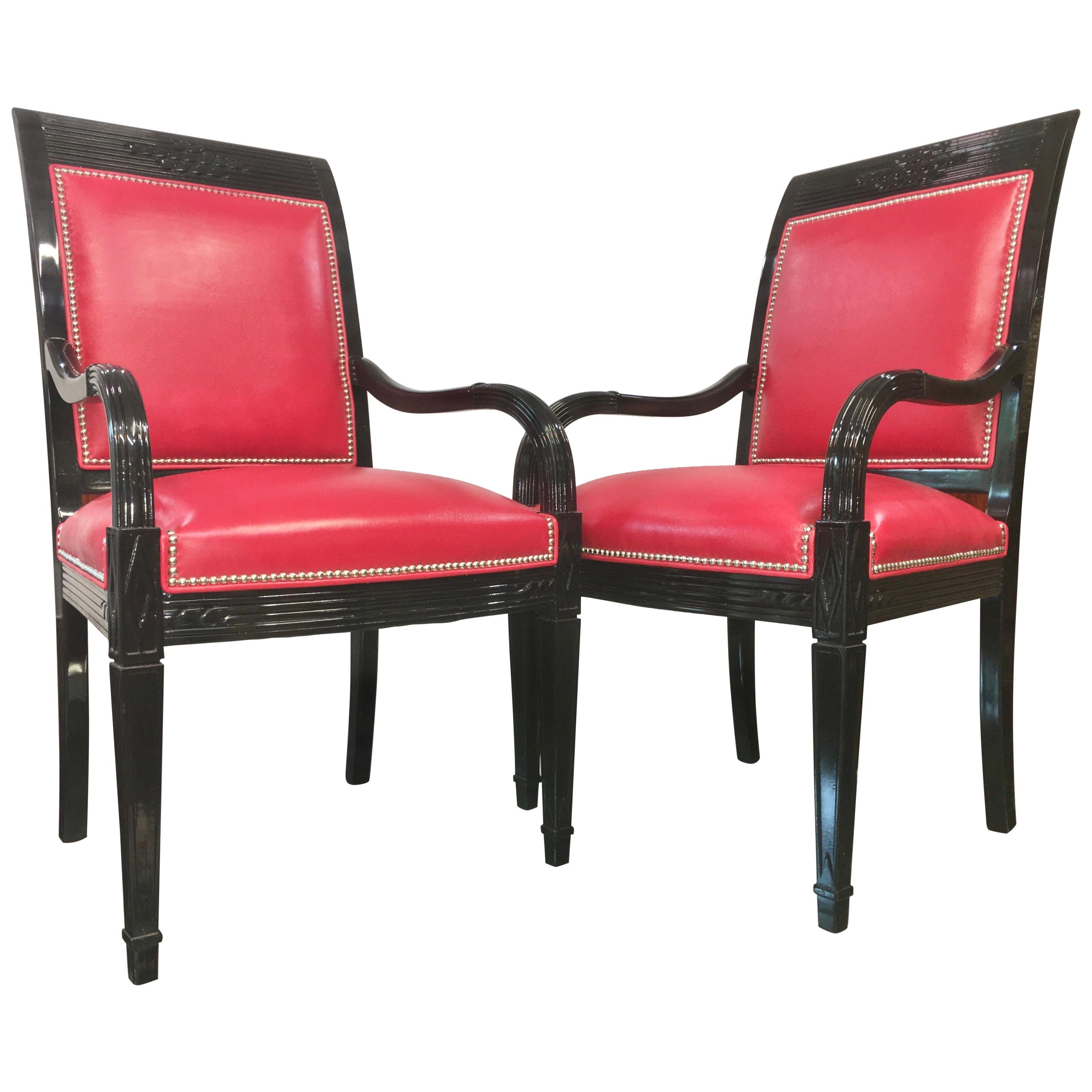 Pair of Leather and Black Lacquer Armchairs For Sale