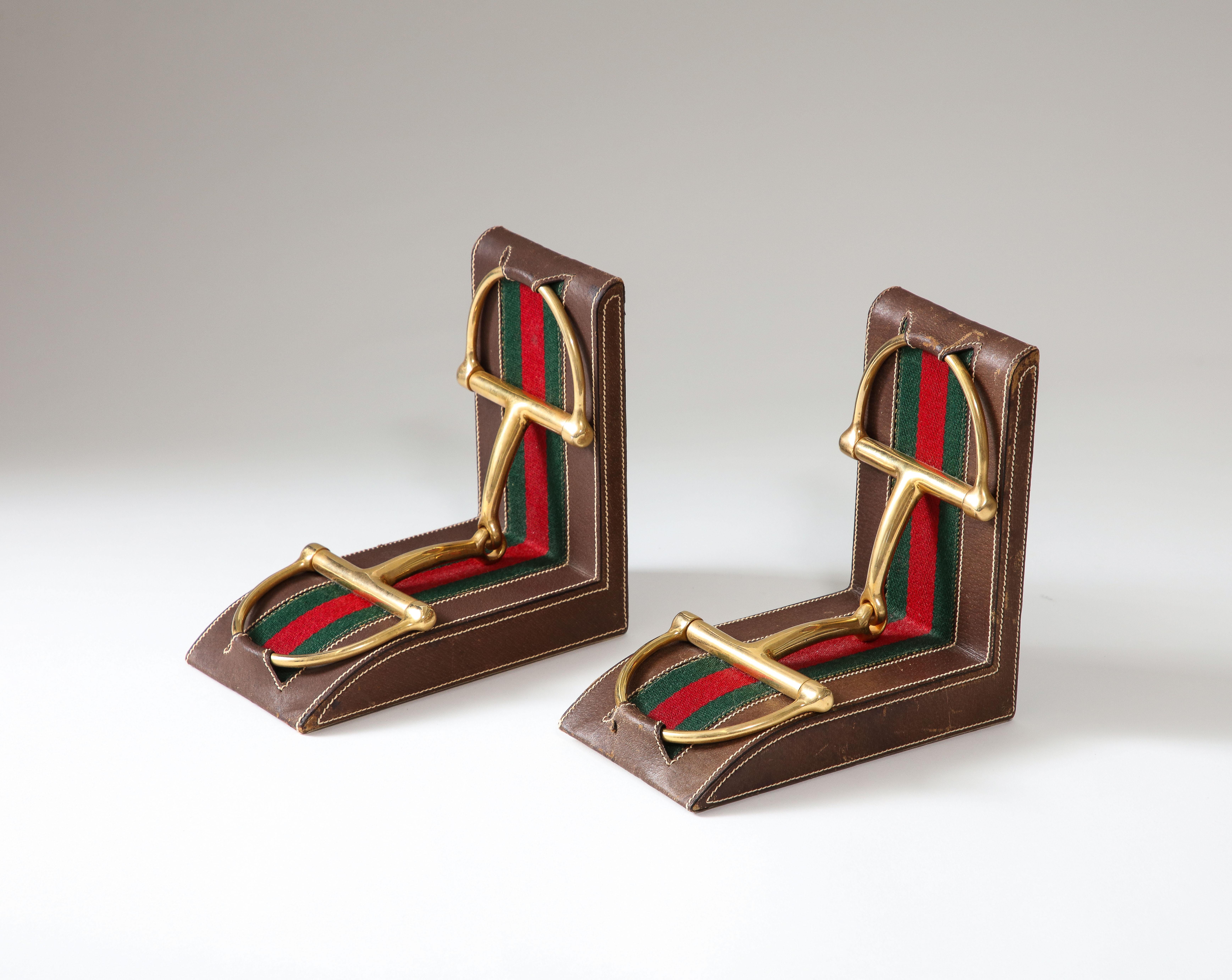 Pair of Leather and Brass Bookends, Gucci, Italy, c. 1970 For Sale 4