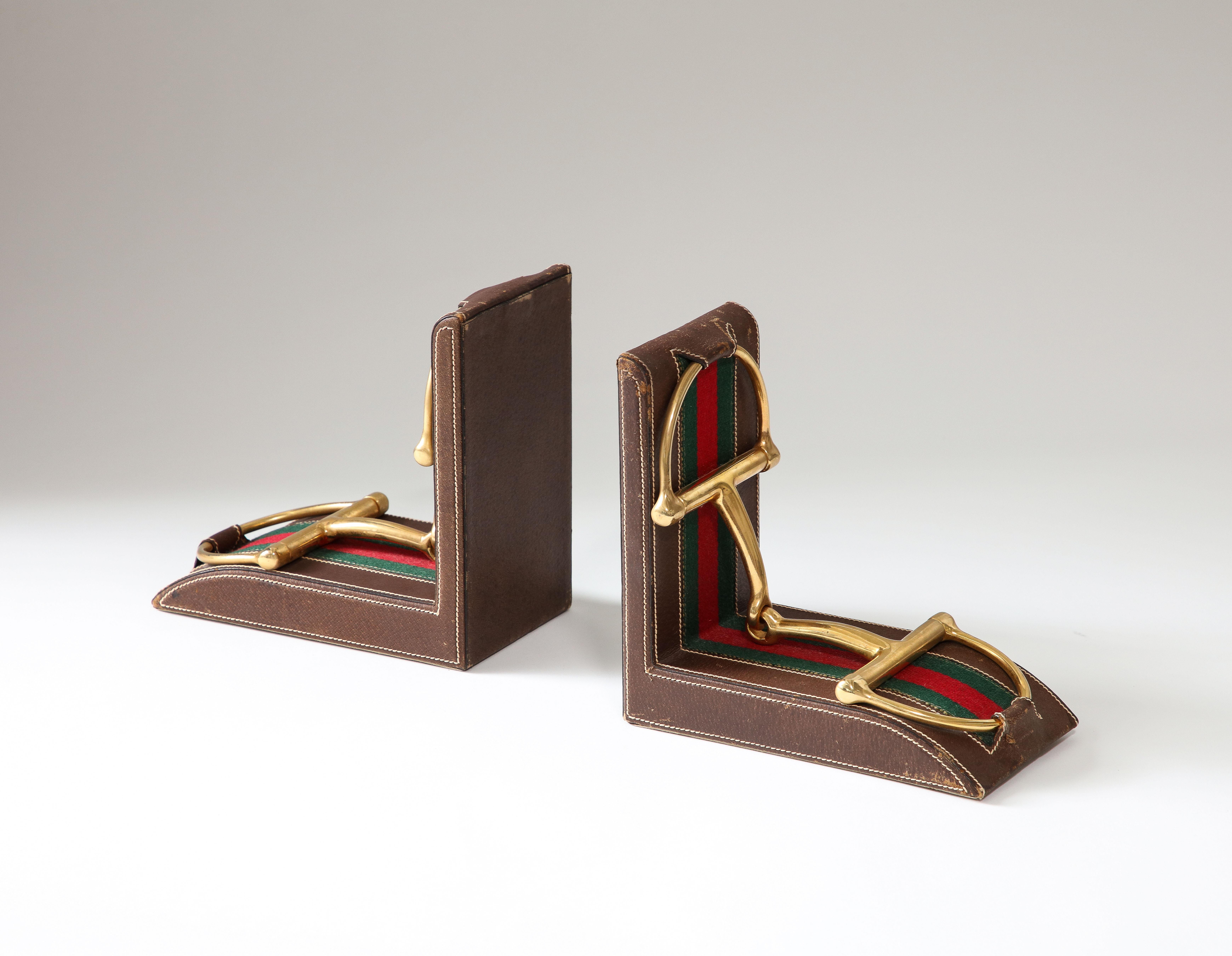 Pair of Leather and Brass Bookends, Gucci, Italy, c. 1970 For Sale 5