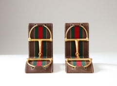 Pair of Leather and Brass Bookends, Gucci, Italy, c. 1970