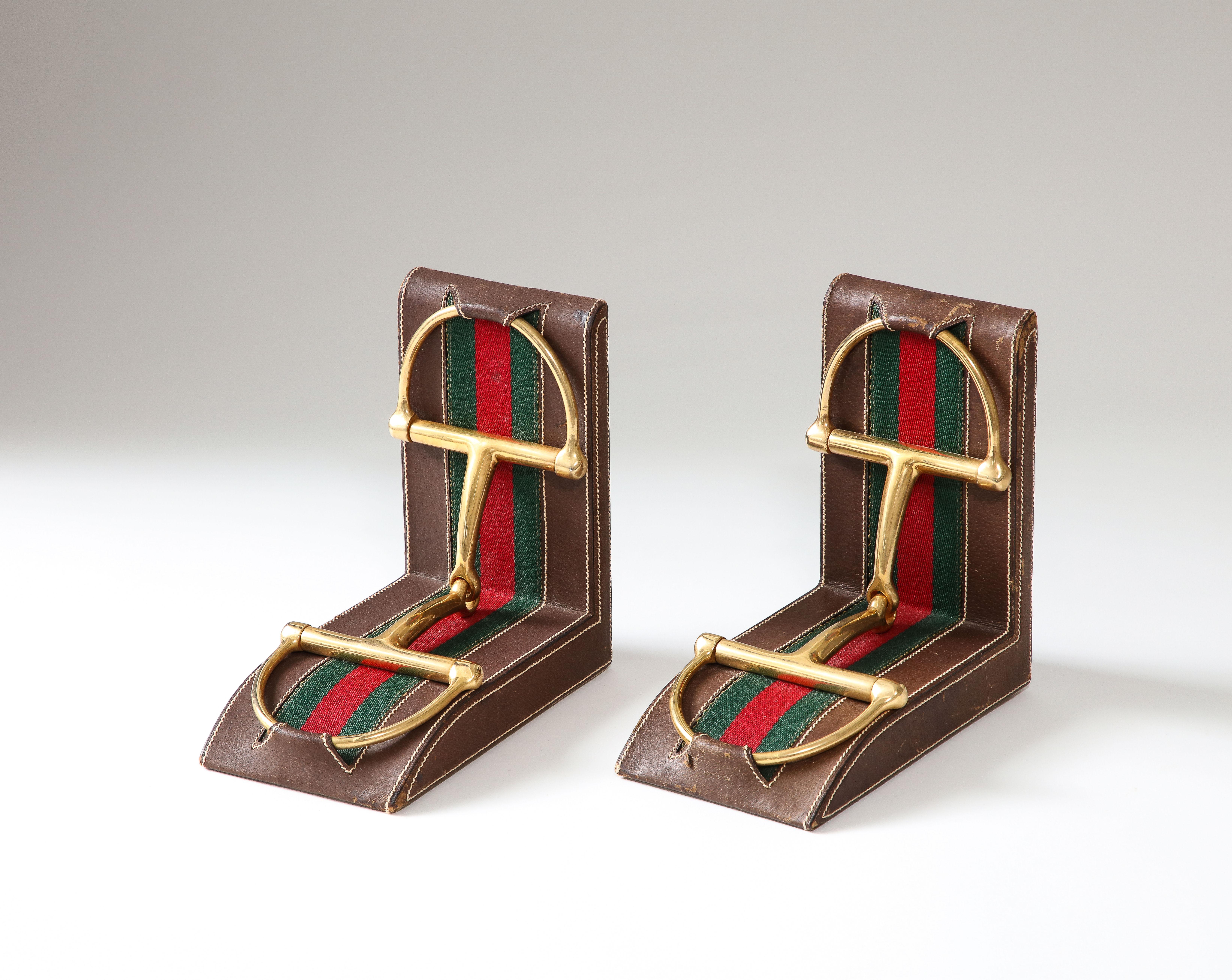 Modern Pair of Leather and Brass Bookends, Gucci, Italy, c. 1970 For Sale