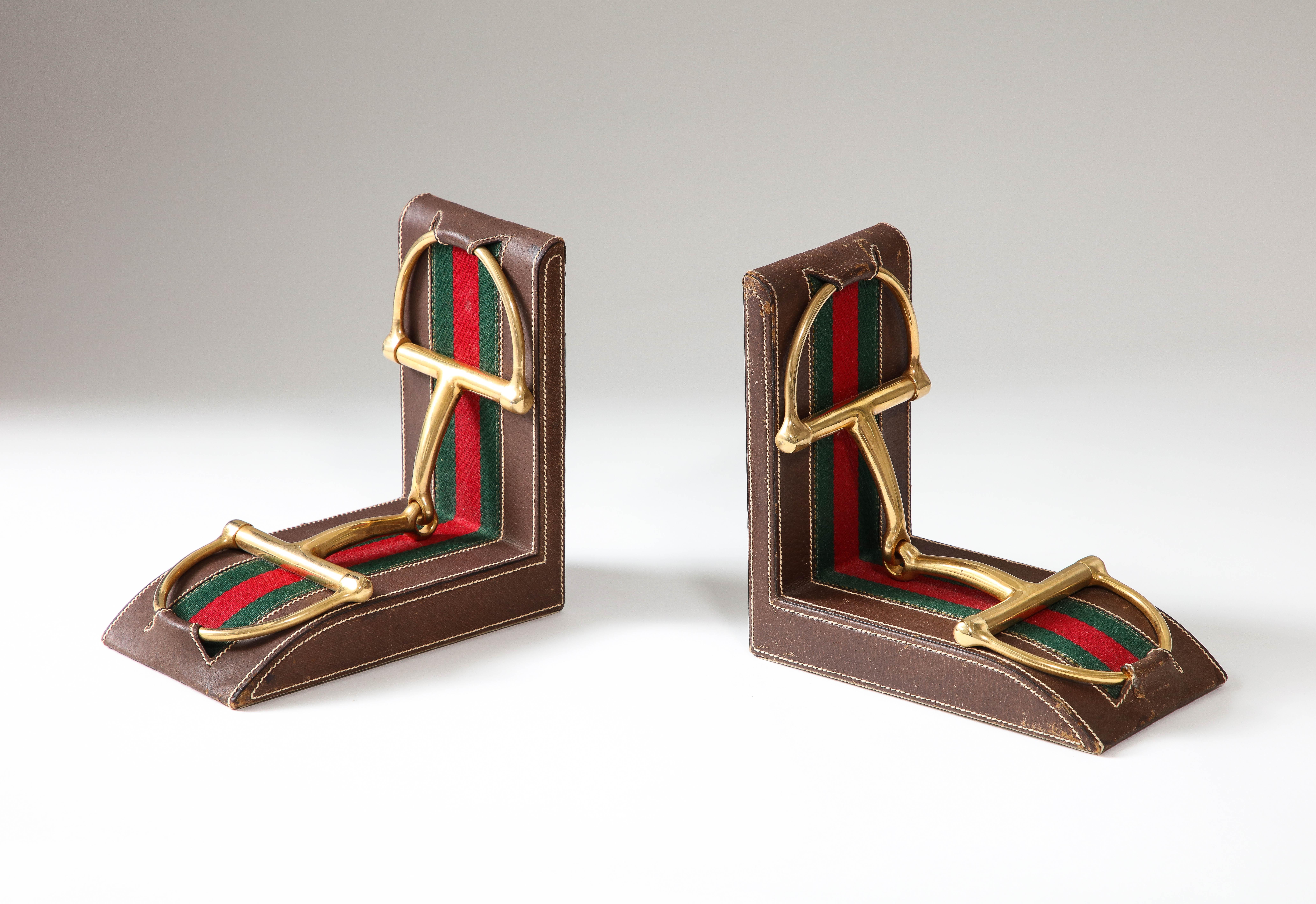 Pair of Leather and Brass Bookends, Gucci, Italy, c. 1970 For Sale 1