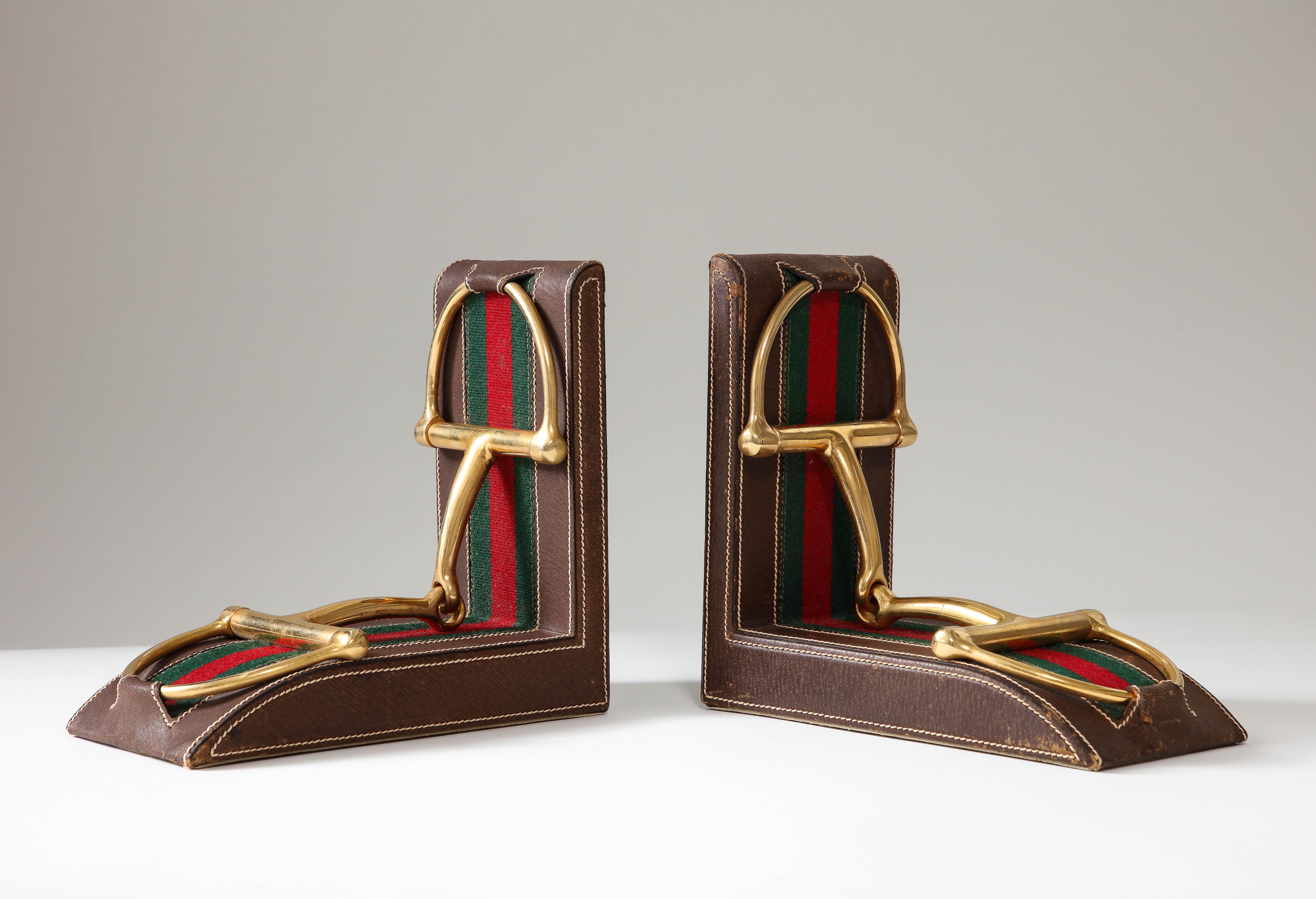 Pair of Leather and Brass Bookends, Gucci, Italy, c. 1970 For Sale 3
