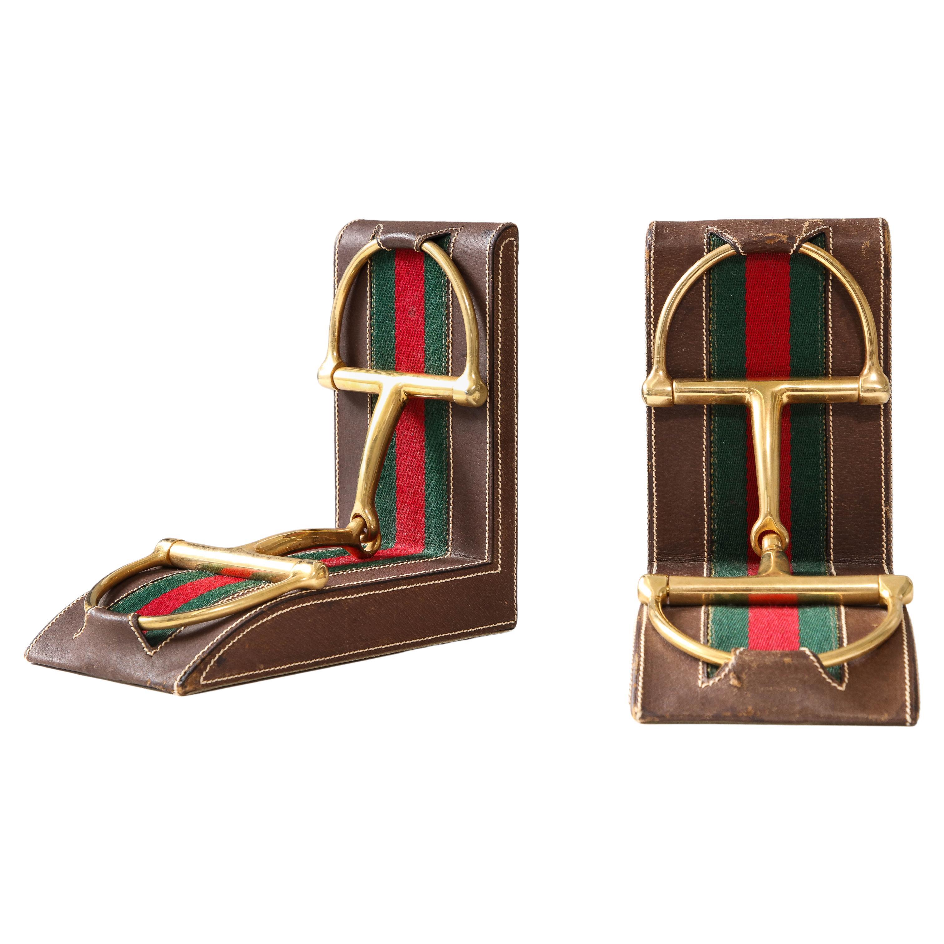 Pair of Leather and Brass Bookends, Gucci, Italy, c. 1970 For Sale
