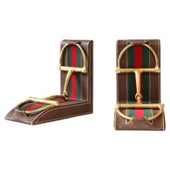 Pair of Leather and Brass Bookends, Gucci, Italy, c. 1970