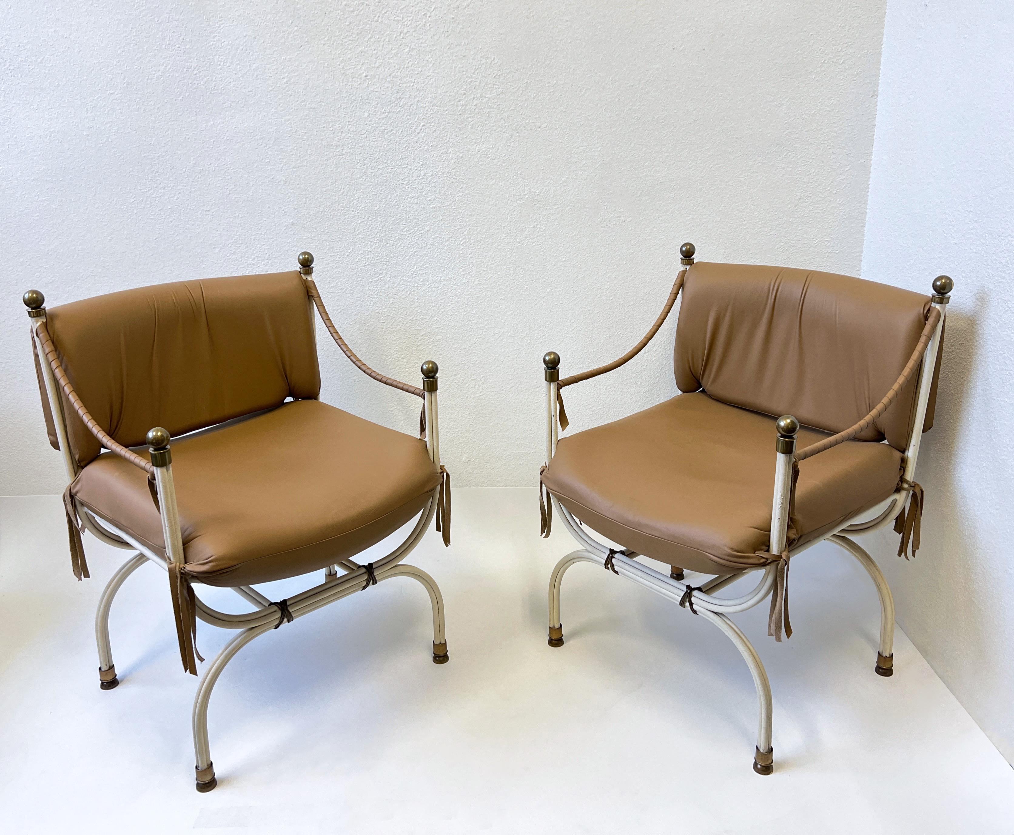 Pair of Leather and Brass Campaign Chairs for Steve Chase For Sale 5