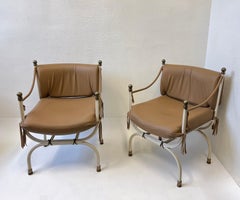 Pair of Leather and Brass Campaign Chairs for Steve Chase