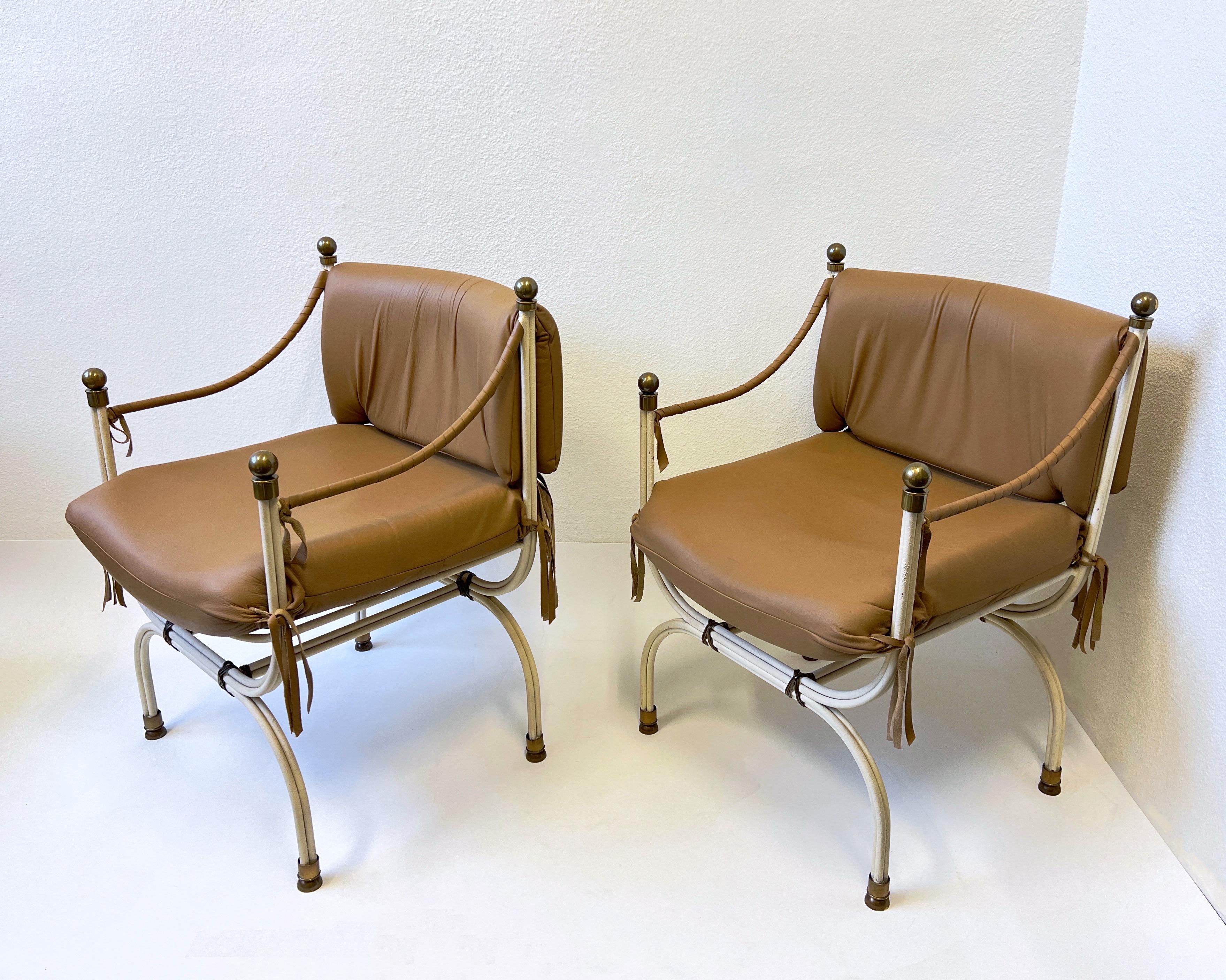 Modern Pair of Leather and Brass Campaign Chairs for Steve Chase For Sale