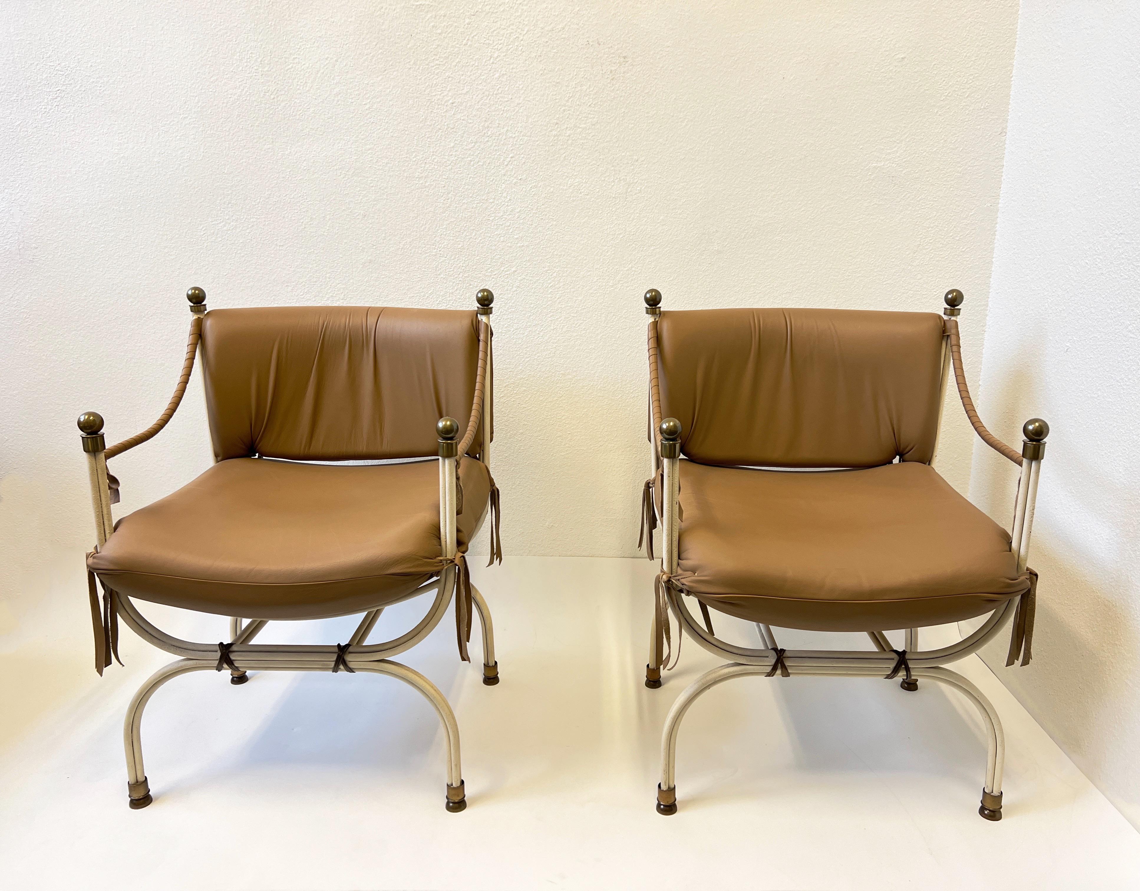 American Pair of Leather and Brass Campaign Chairs for Steve Chase For Sale