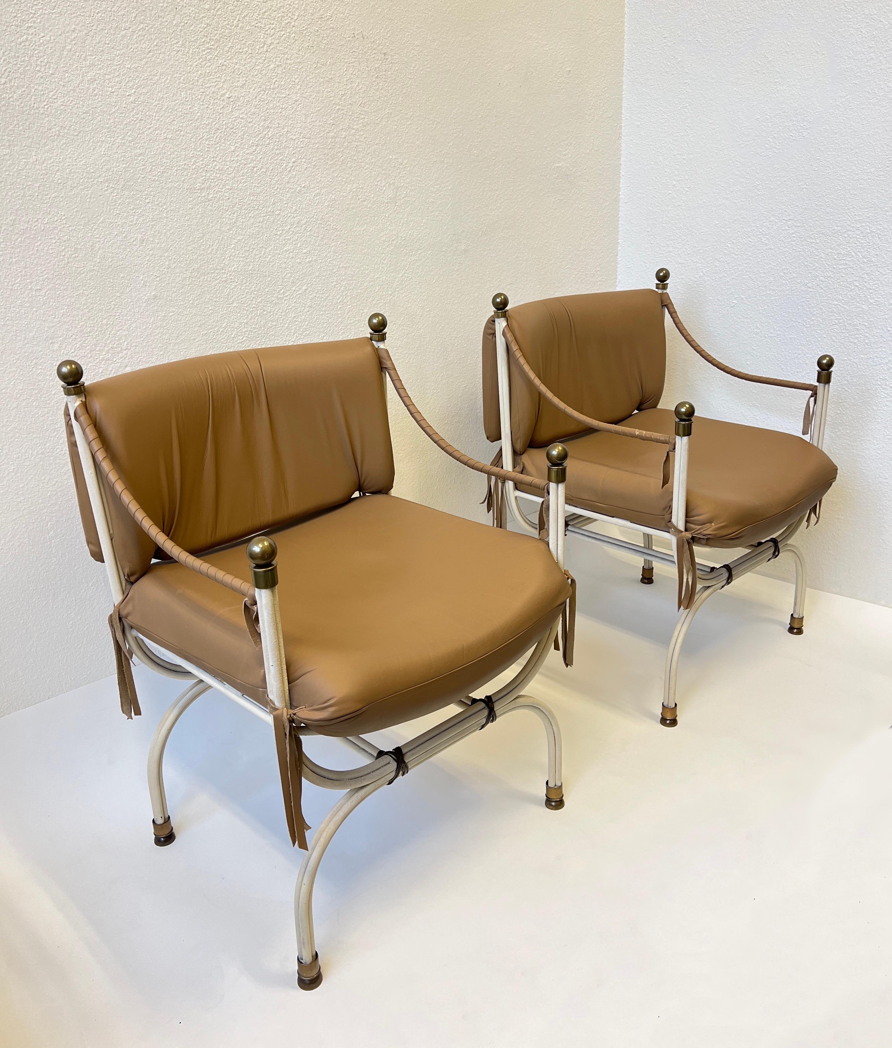 Pair of Leather and Brass Campaign Chairs for Steve Chase In Good Condition For Sale In Palm Springs, CA