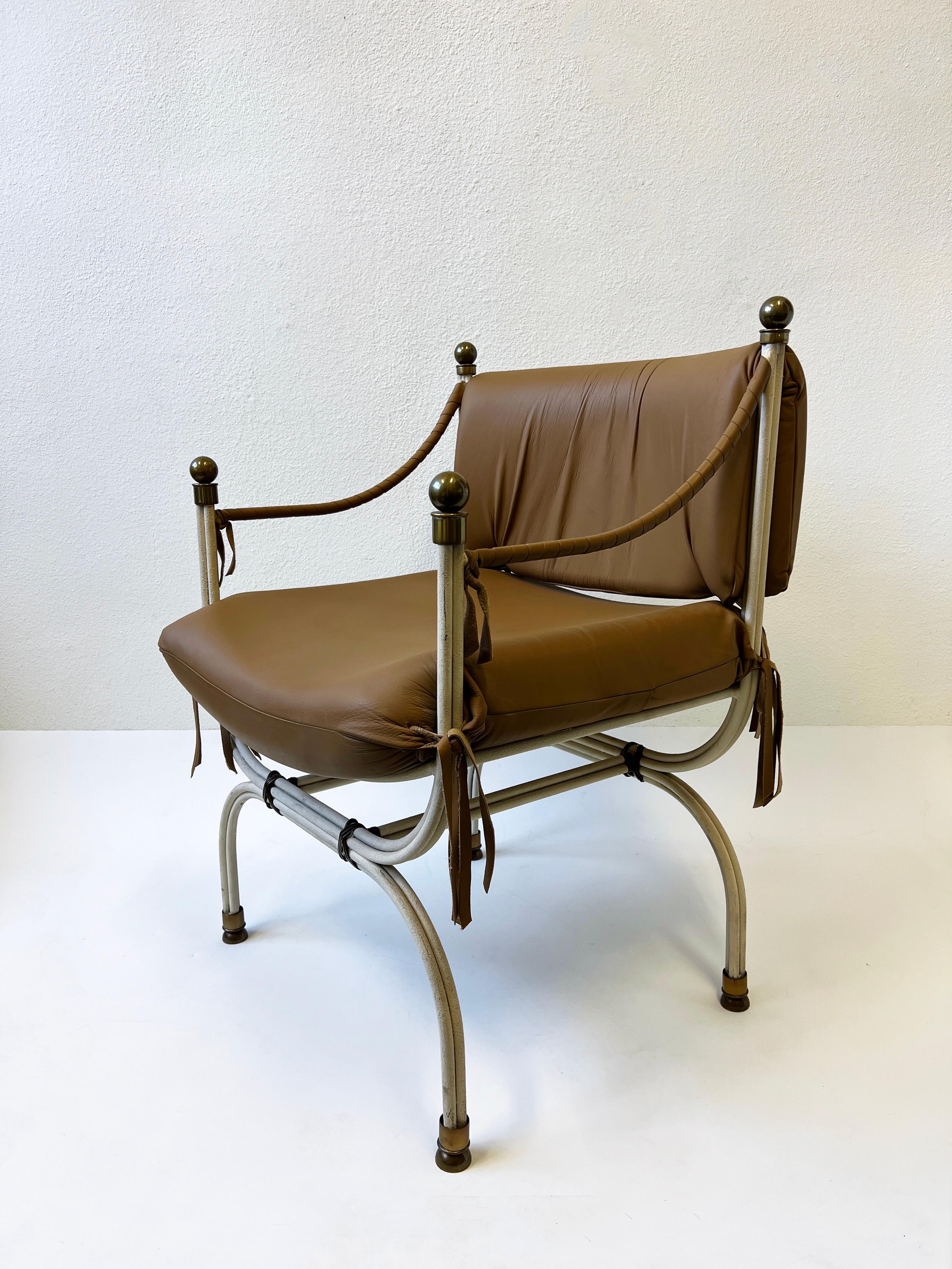 Late 20th Century Pair of Leather and Brass Campaign Chairs for Steve Chase For Sale