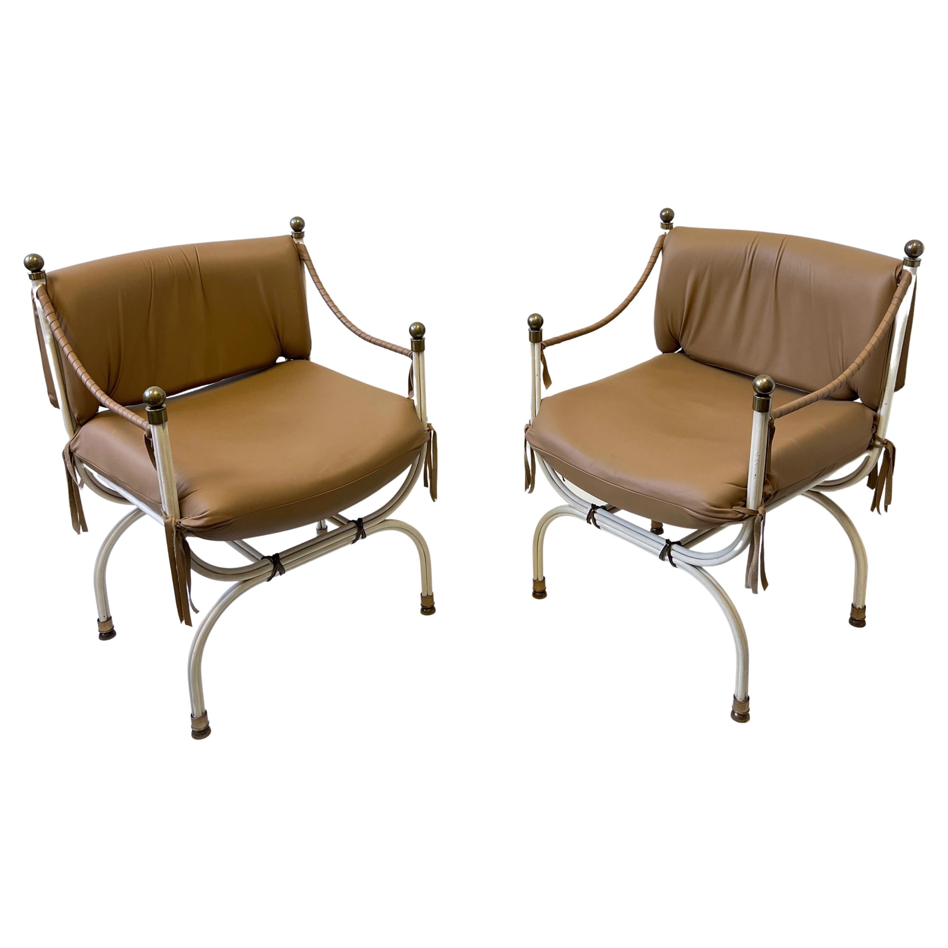 Pair of Leather and Brass Campaign Chairs for Steve Chase For Sale