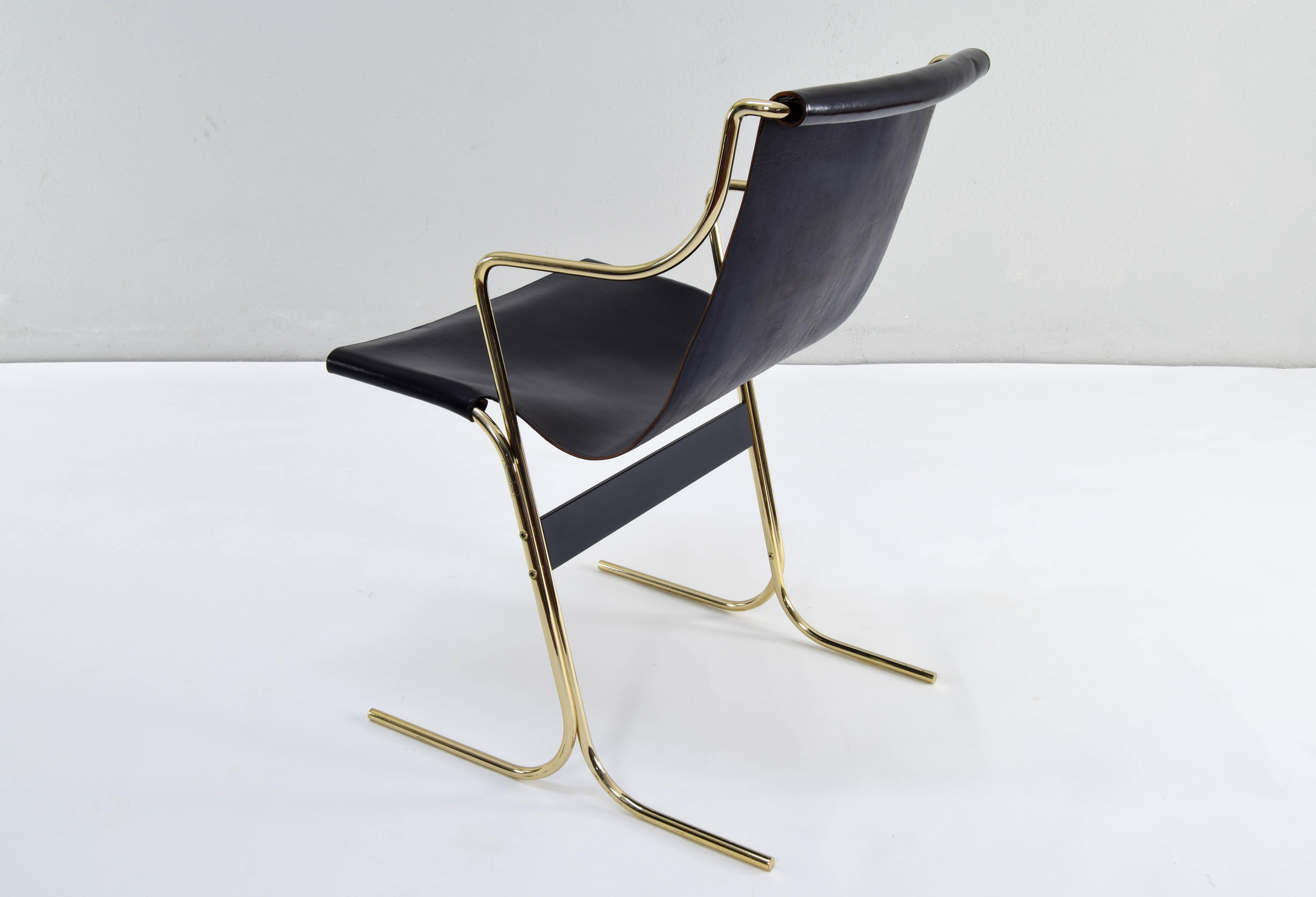 Pair of Leather and Brass Cigno Chairs by Ross Littell and Kelly to Padova Italy 2