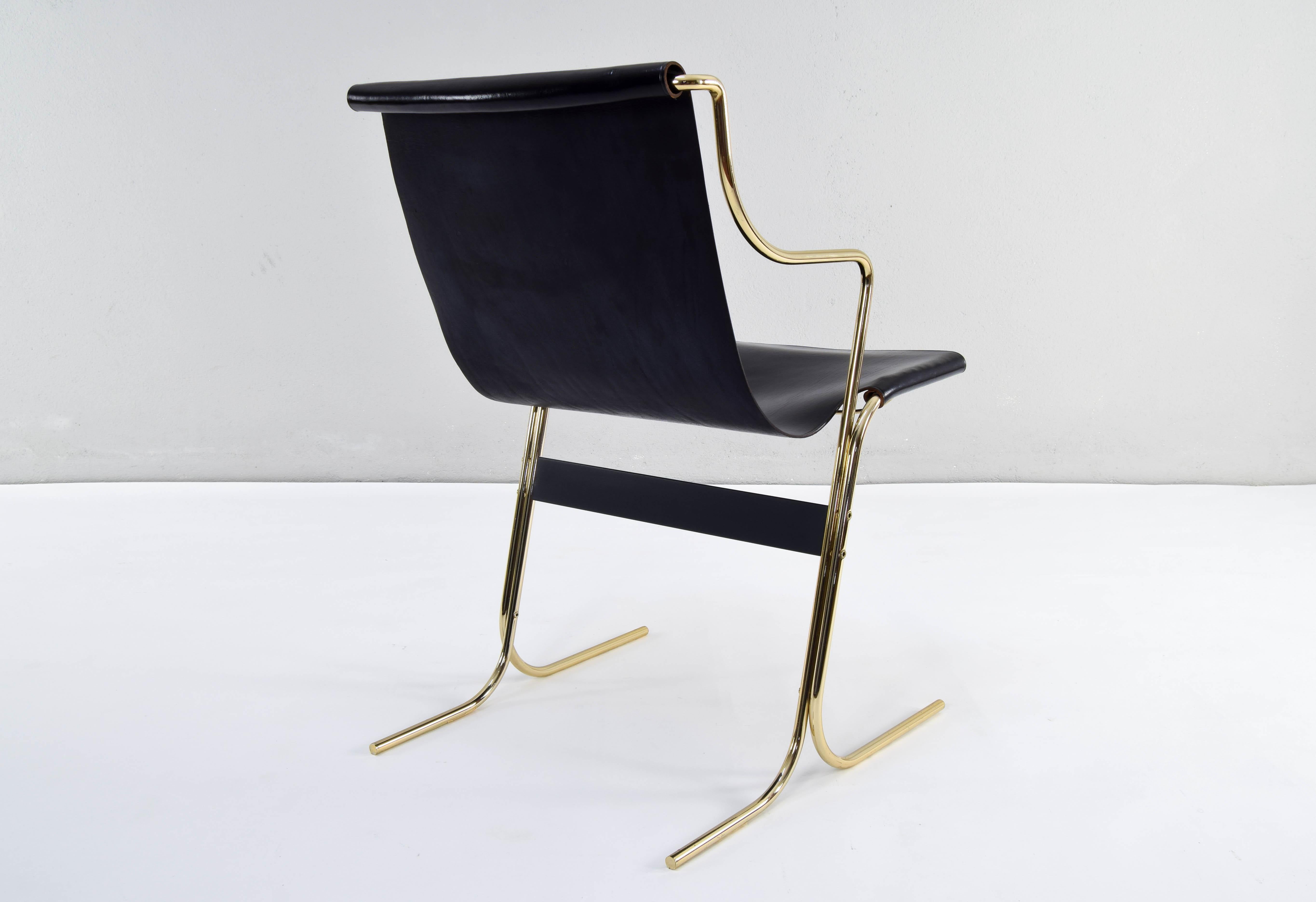 Pair of Leather and Brass Cigno Chairs by Ross Littell and Kelly to Padova Italy 4