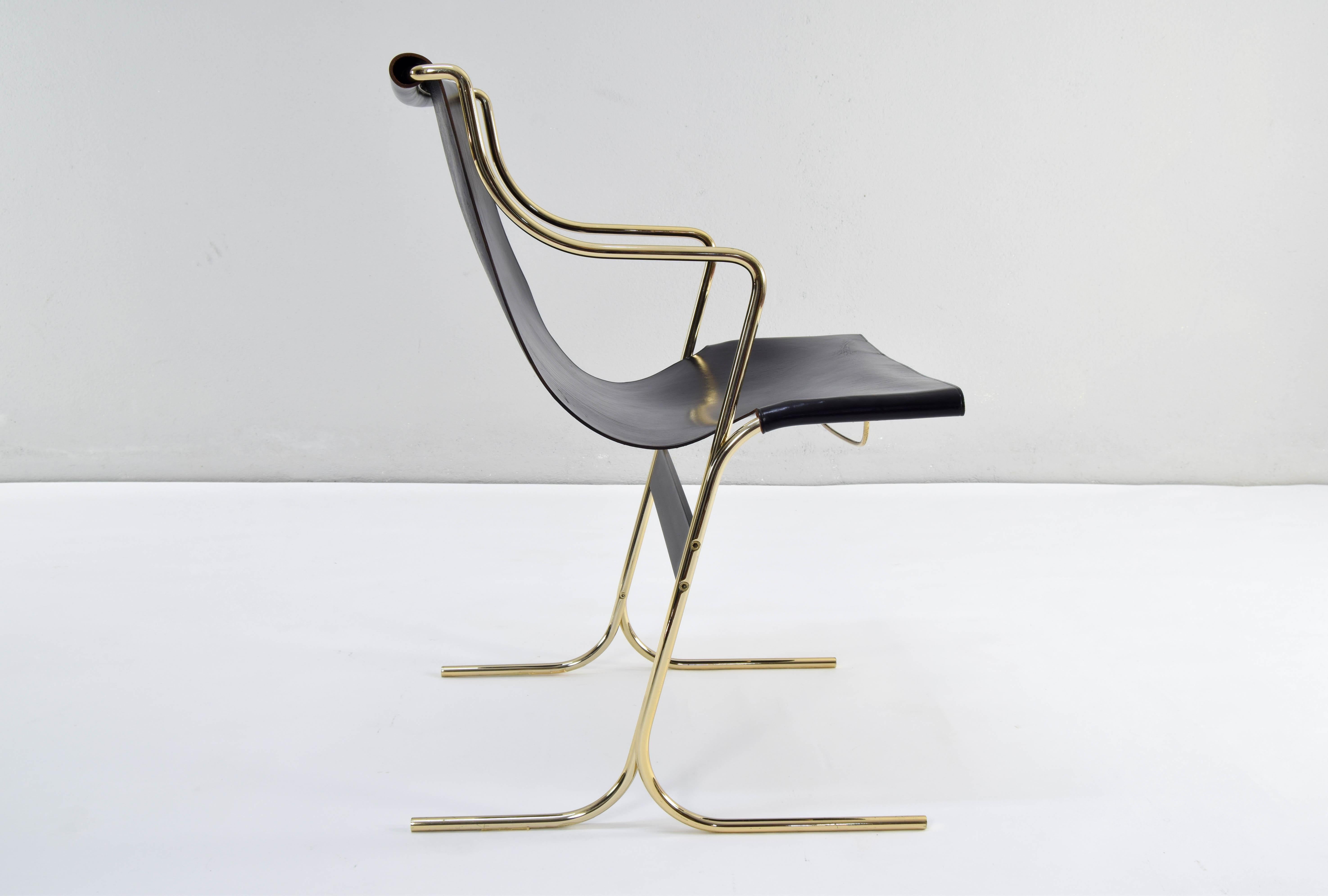 Pair of Leather and Brass Cigno Chairs by Ross Littell and Kelly to Padova Italy 5