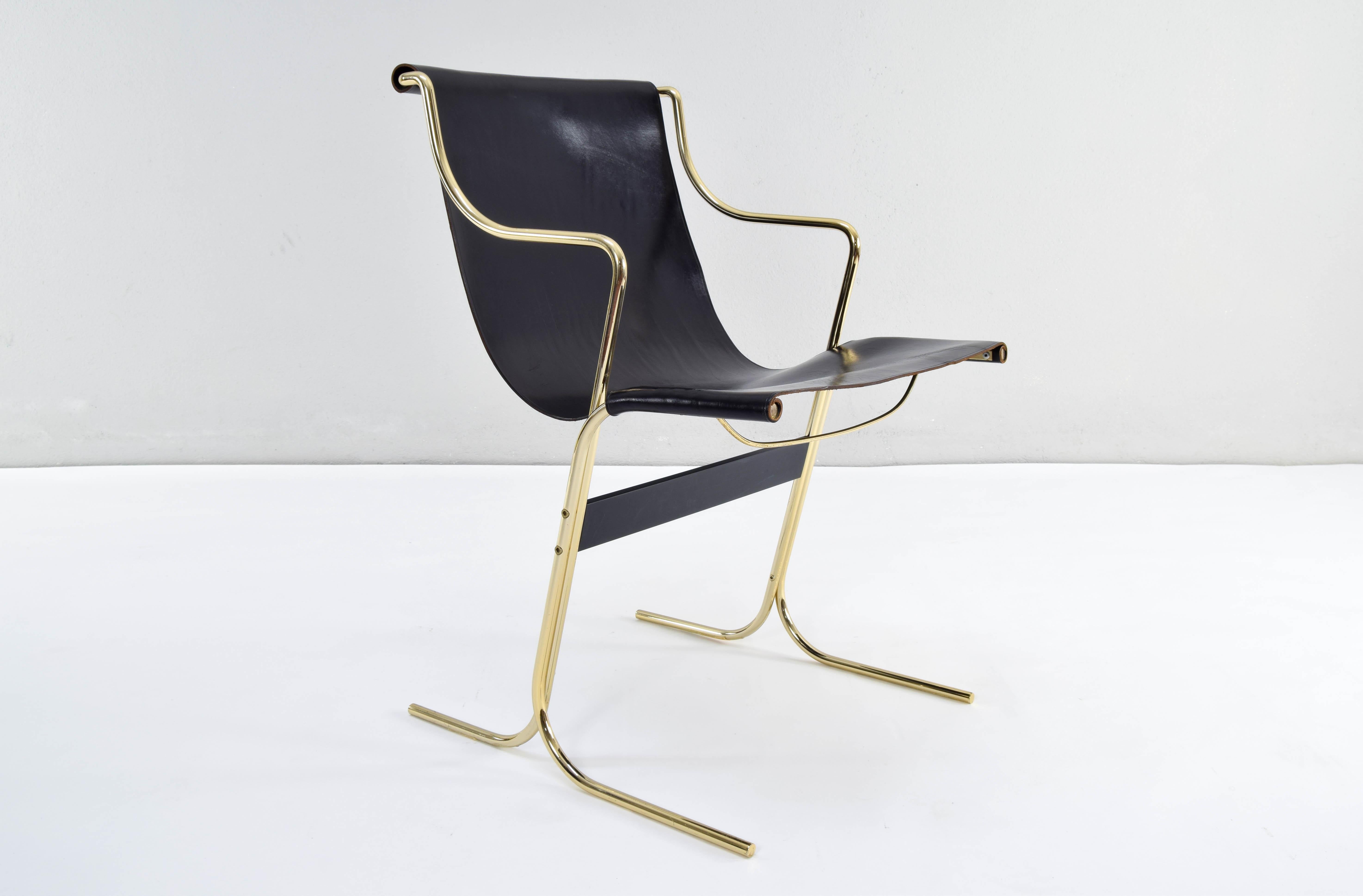 Pair of Leather and Brass Cigno Chairs by Ross Littell and Kelly to Padova Italy 6
