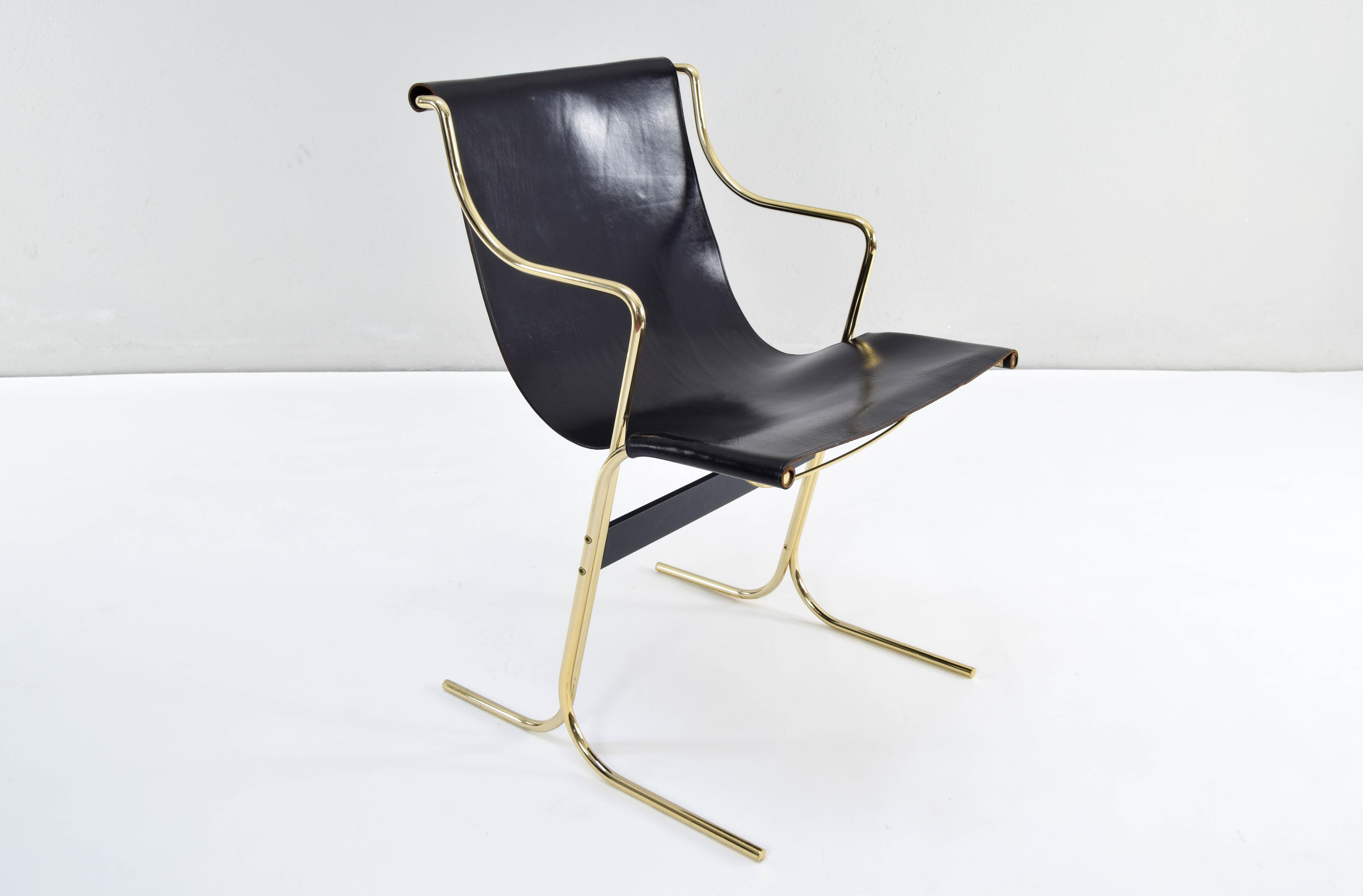 Pair of Leather and Brass Cigno Chairs by Ross Littell and Kelly to Padova Italy 7