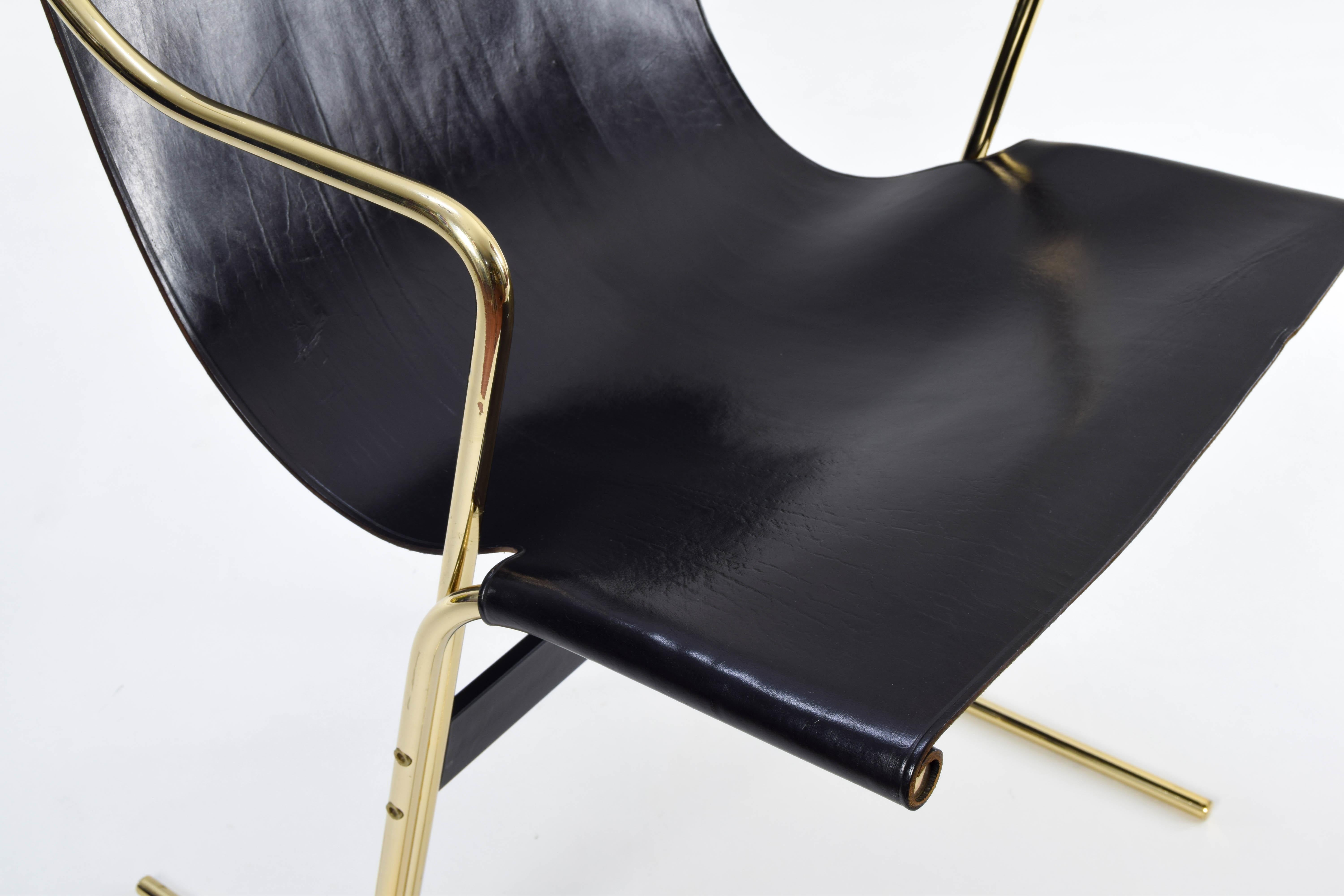 Pair of Leather and Brass Cigno Chairs by Ross Littell and Kelly to Padova Italy 8