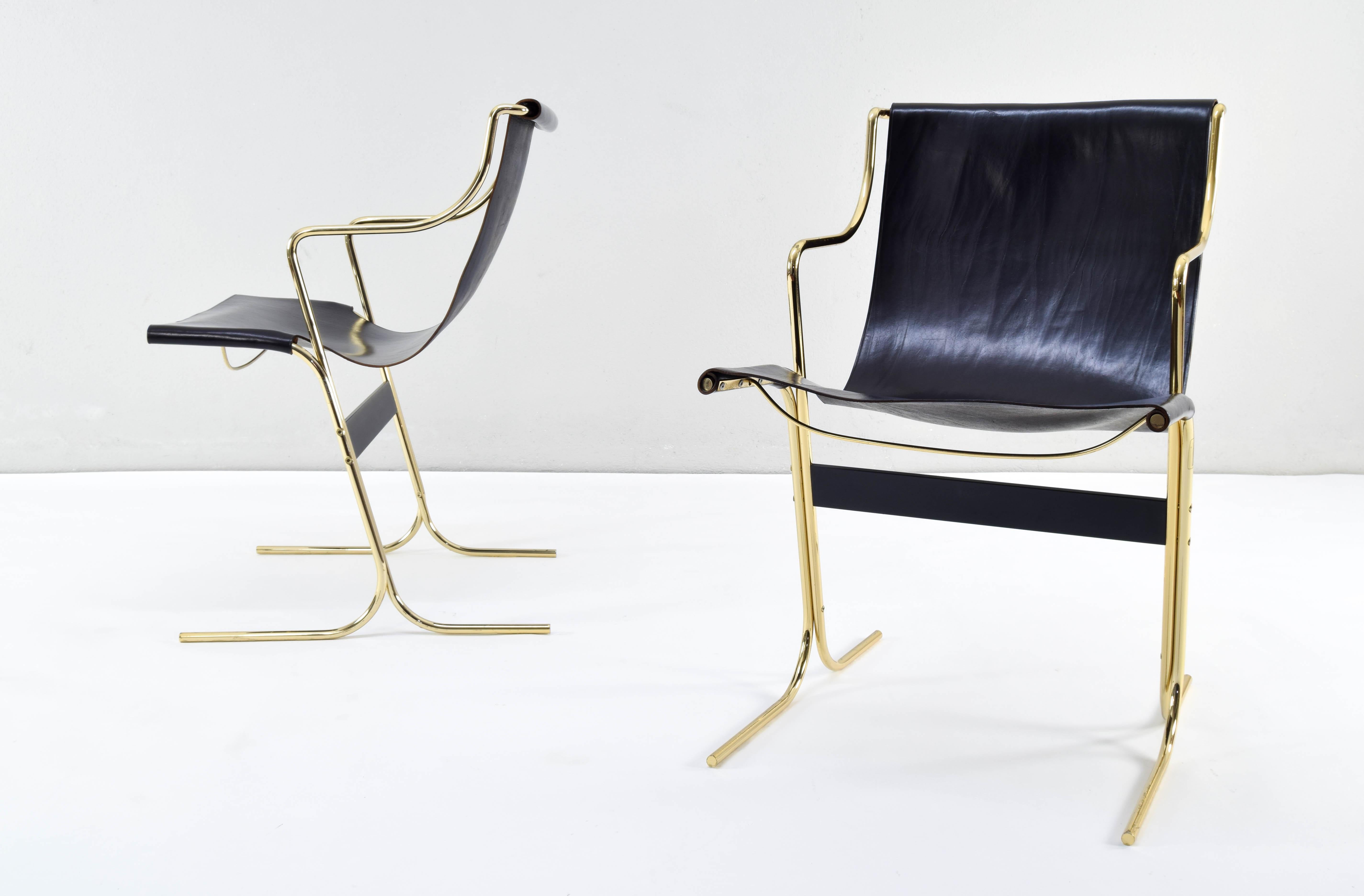 Mid-Century Modern Pair of Leather and Brass Cigno Chairs by Ross Littell and Kelly to Padova Italy