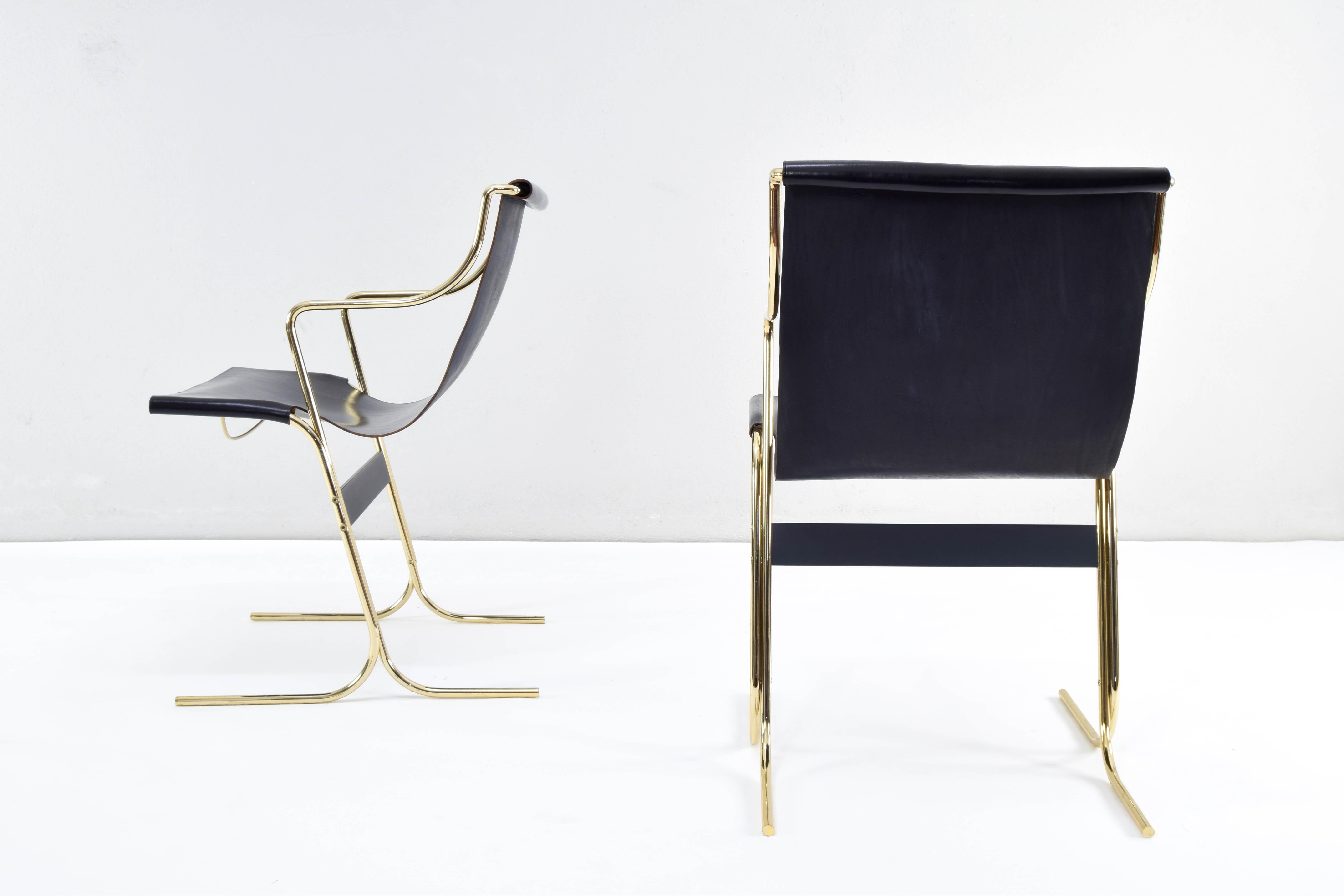 Italian Pair of Leather and Brass Cigno Chairs by Ross Littell and Kelly to Padova Italy