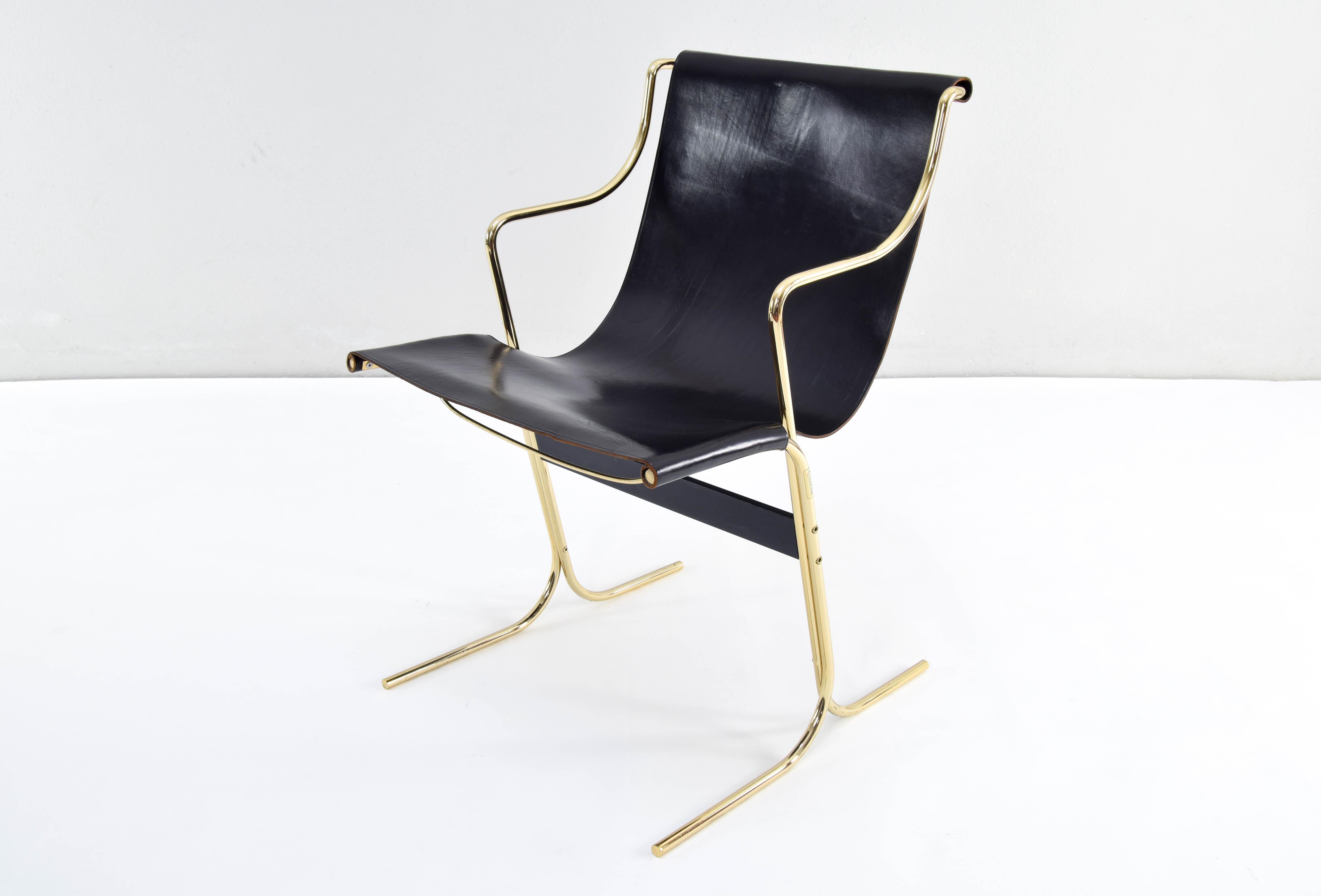 20th Century Pair of Leather and Brass Cigno Chairs by Ross Littell and Kelly to Padova Italy