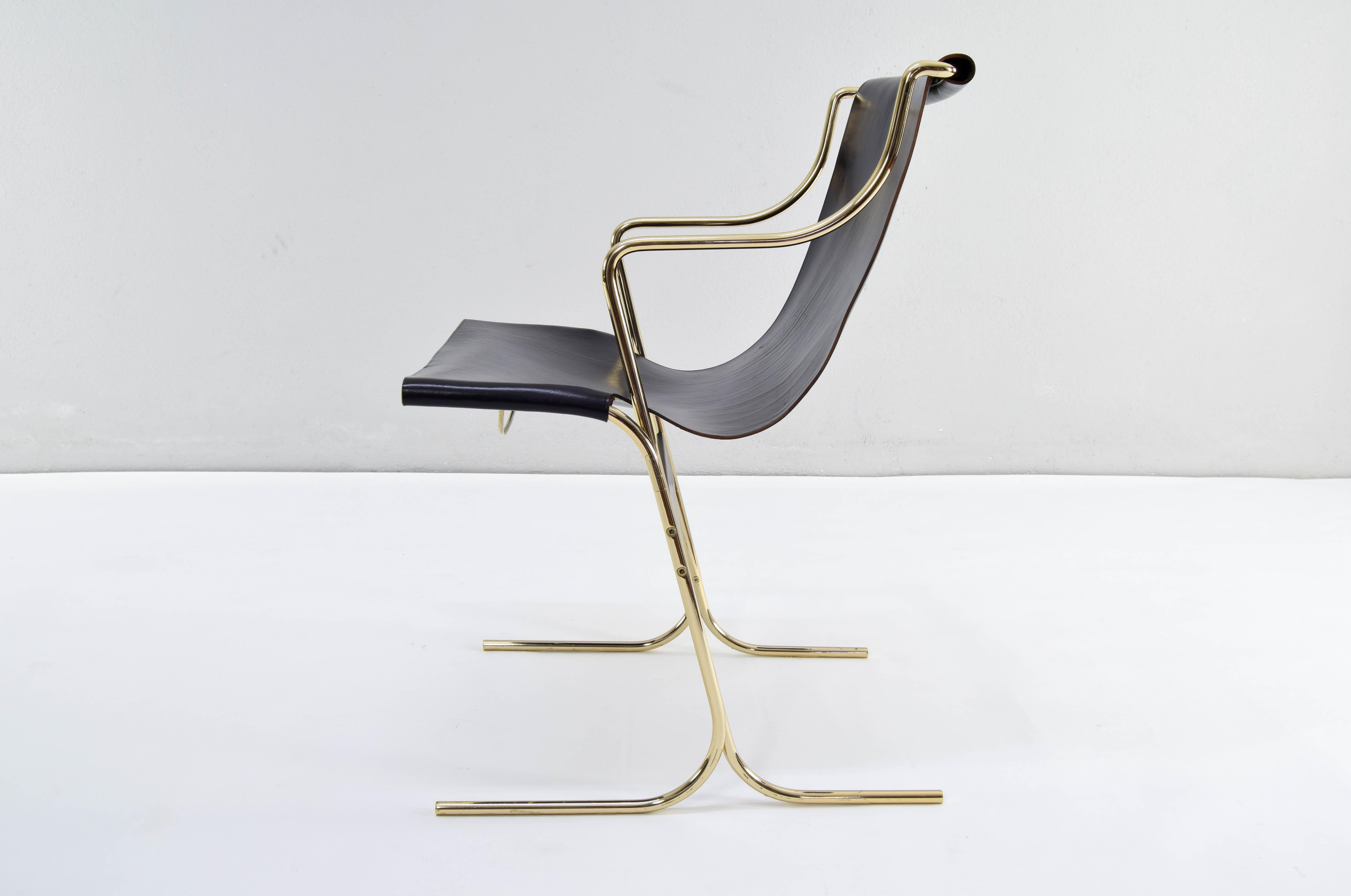 Steel Pair of Leather and Brass Cigno Chairs by Ross Littell and Kelly to Padova Italy