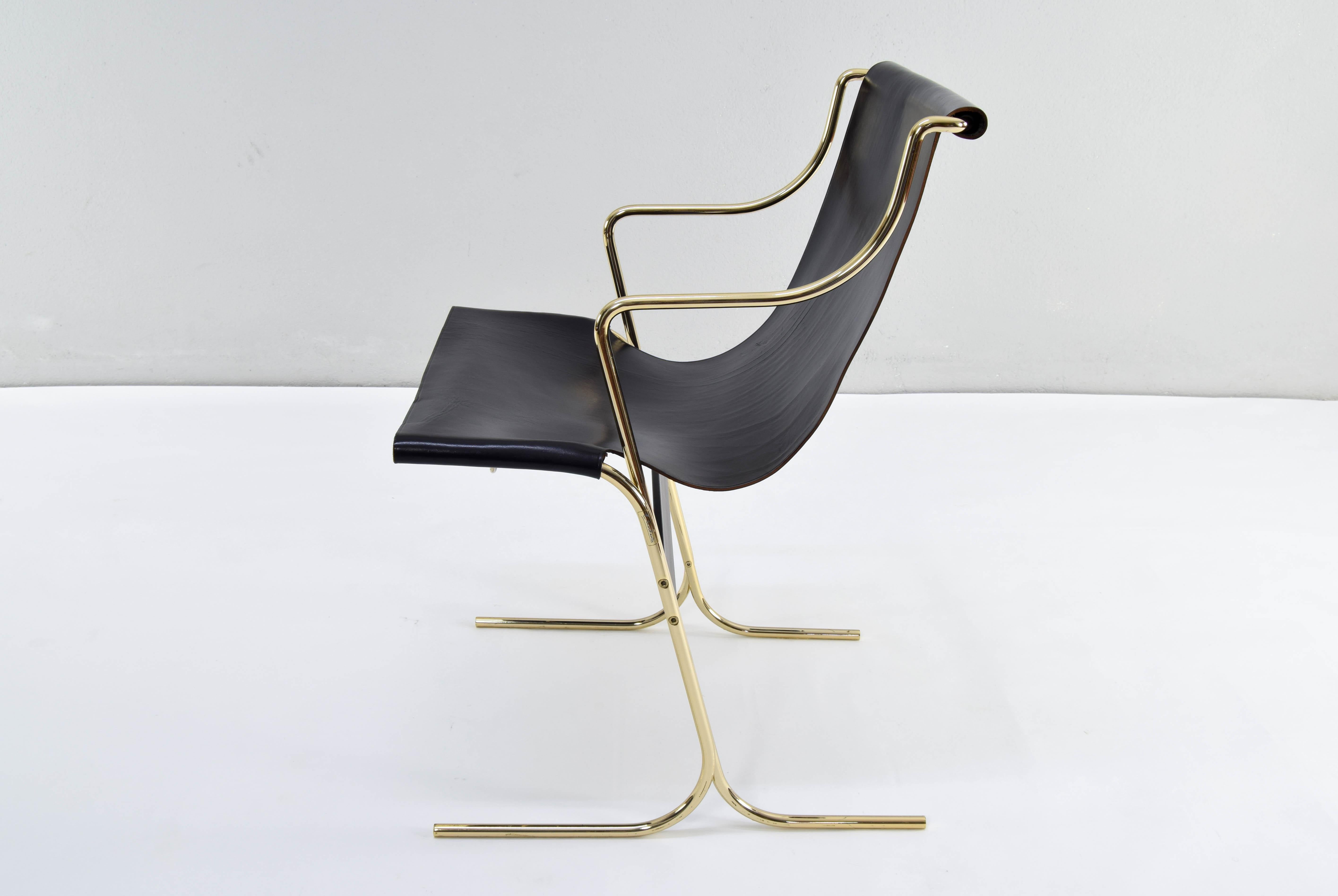 Pair of Leather and Brass Cigno Chairs by Ross Littell and Kelly to Padova Italy 1