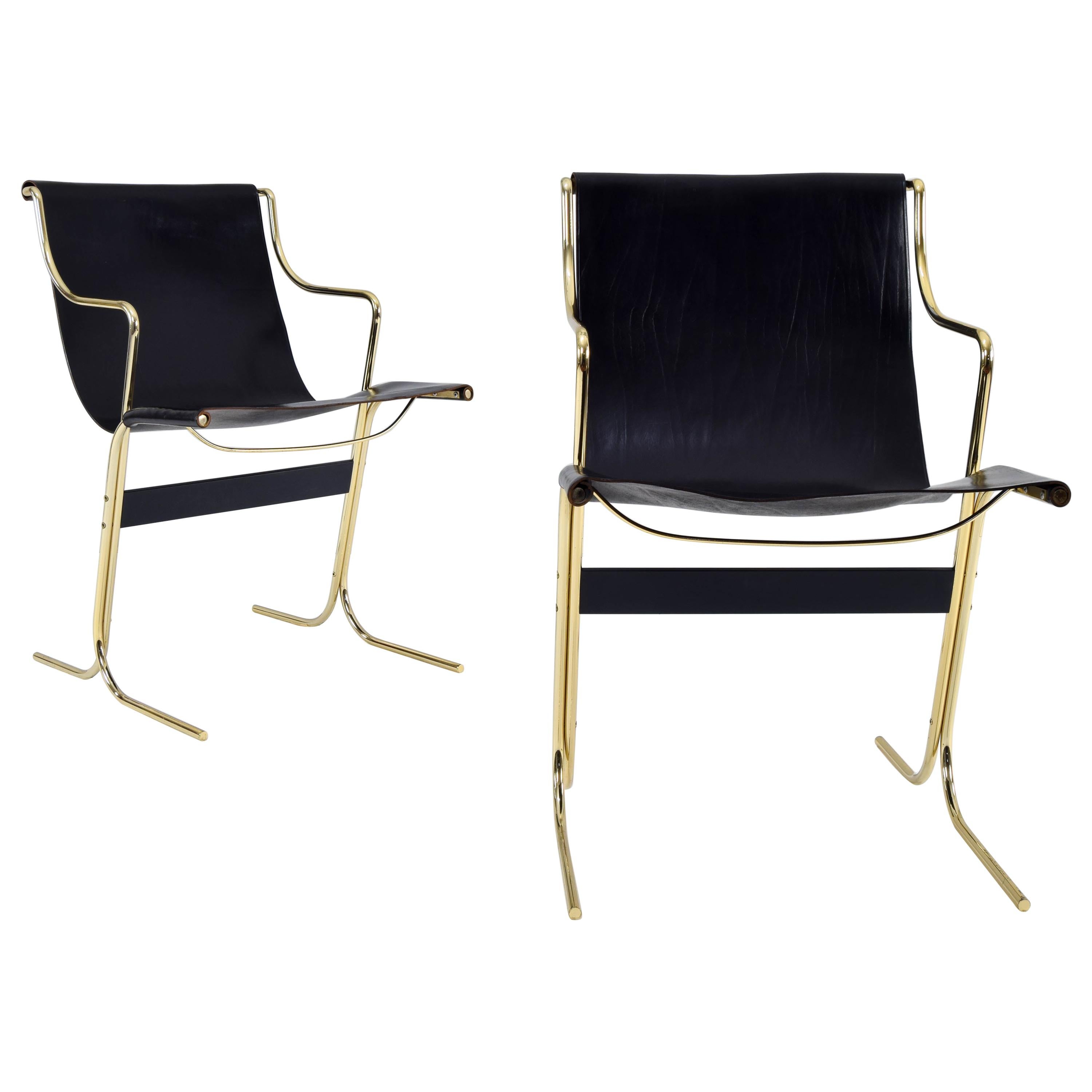 Pair of Leather and Brass Cigno Chairs by Ross Littell and Kelly to Padova Italy