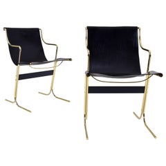 Vintage Pair of Leather and Brass Cigno Chairs by Ross Littell and Kelly to Padova Italy