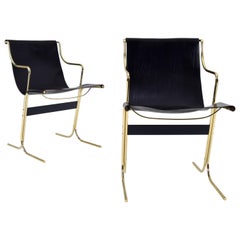 Pair of Leather and Brass Cigno Chairs by Ross Littell and Kelly to Padova Italy