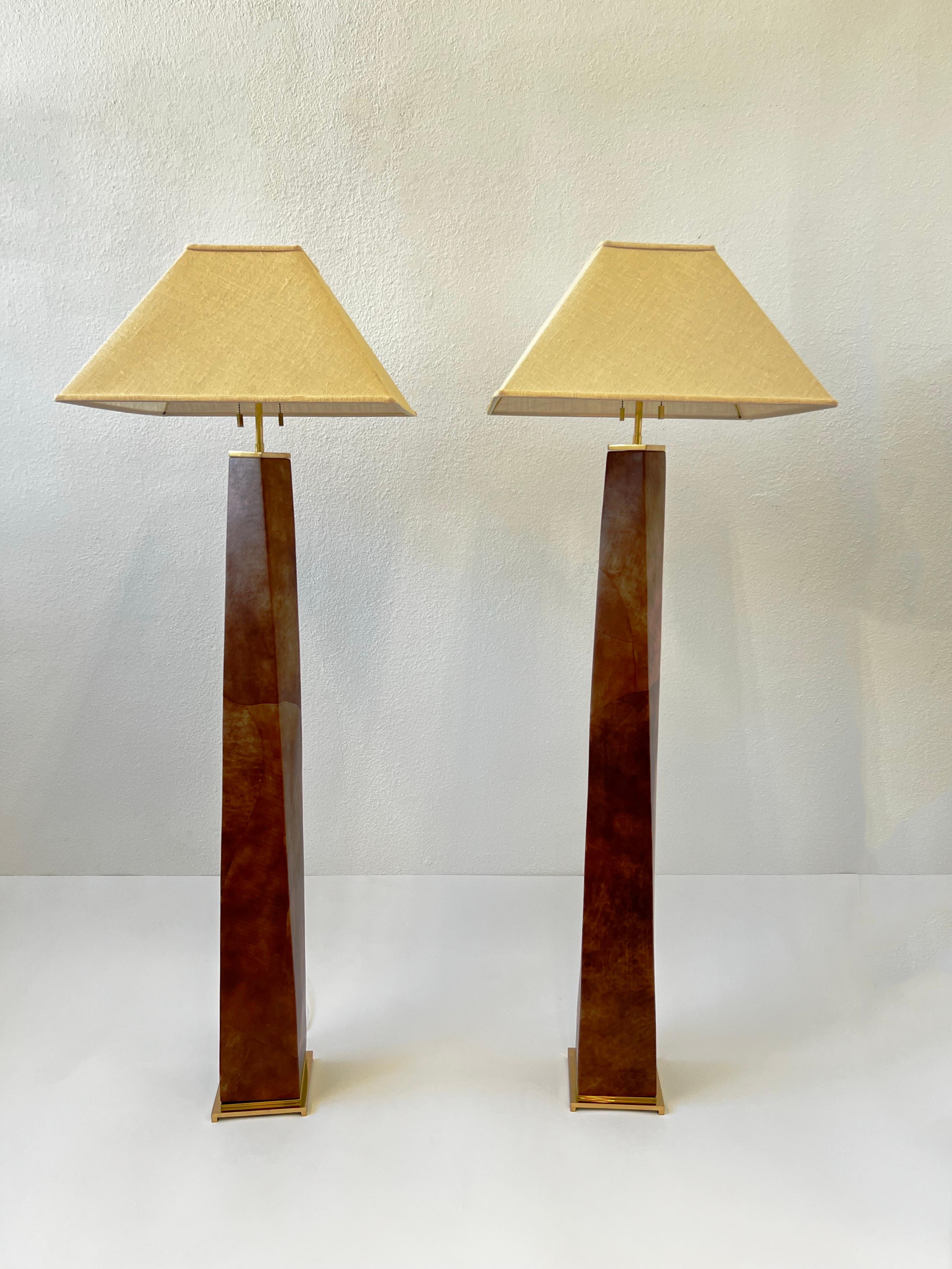 Pair of Leather and Brass Floor Lamps by Karl Springer  For Sale 3