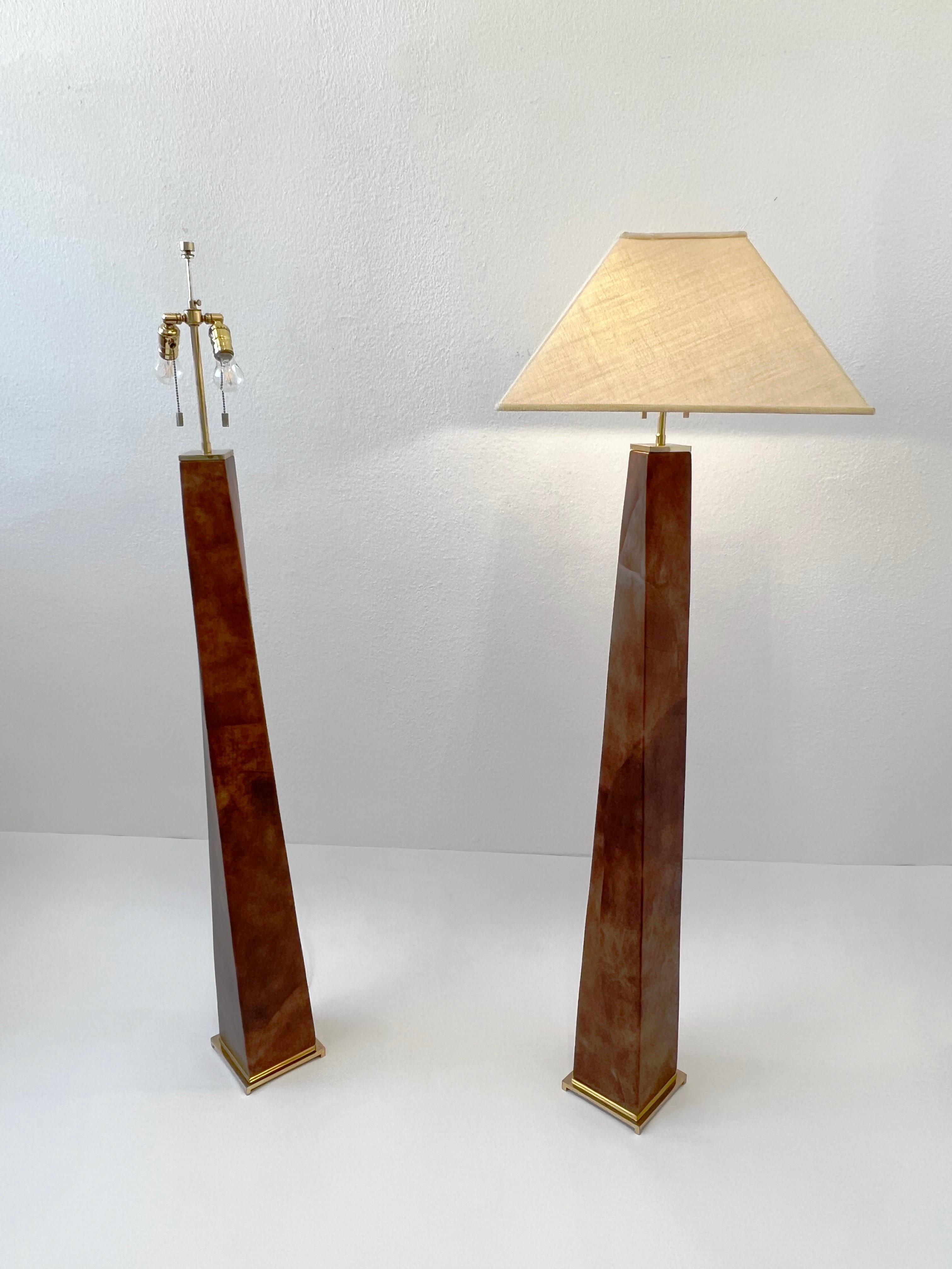 Modern Pair of Leather and Brass Floor Lamps by Karl Springer For Sale