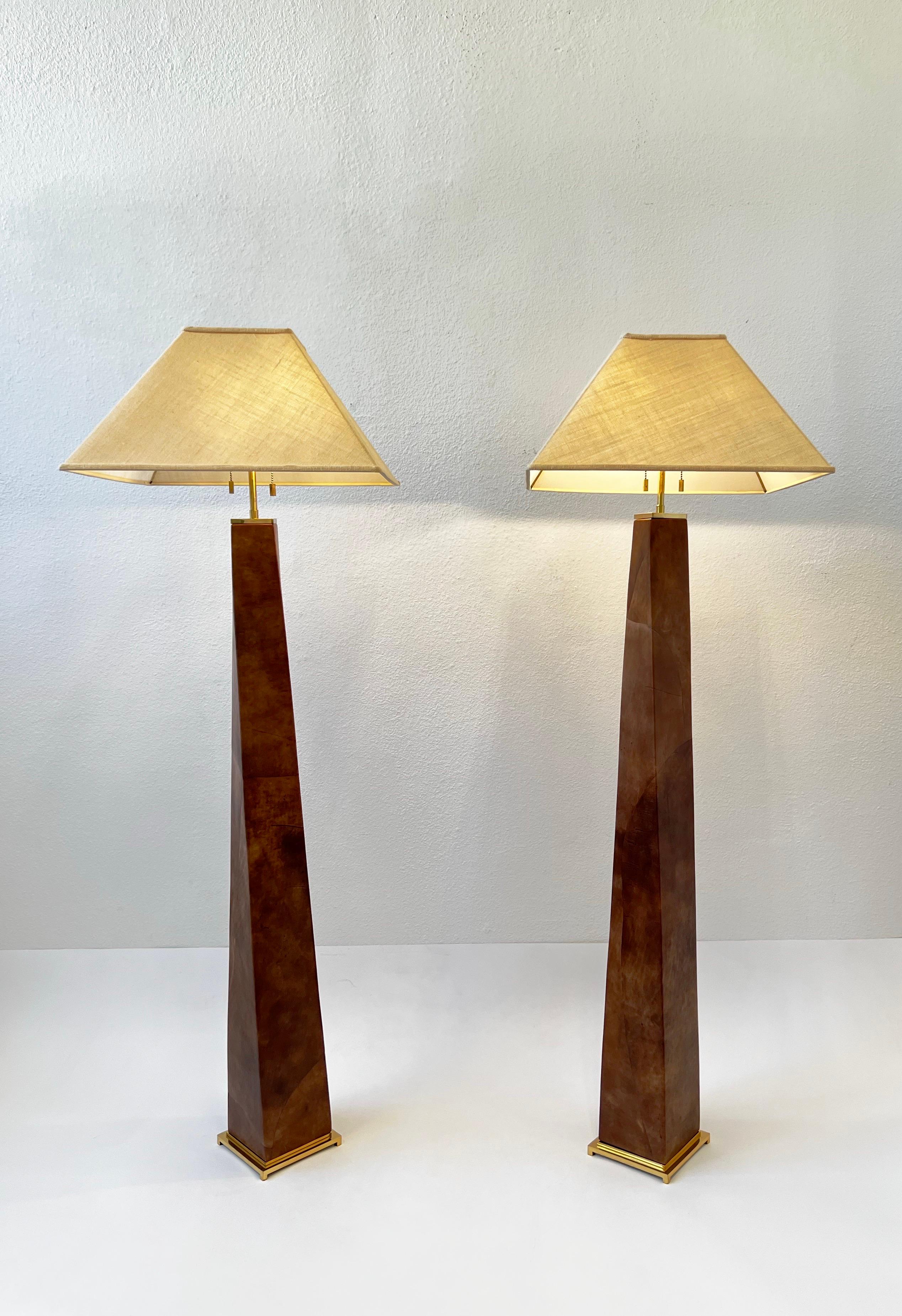 American Pair of Leather and Brass Floor Lamps by Karl Springer  For Sale