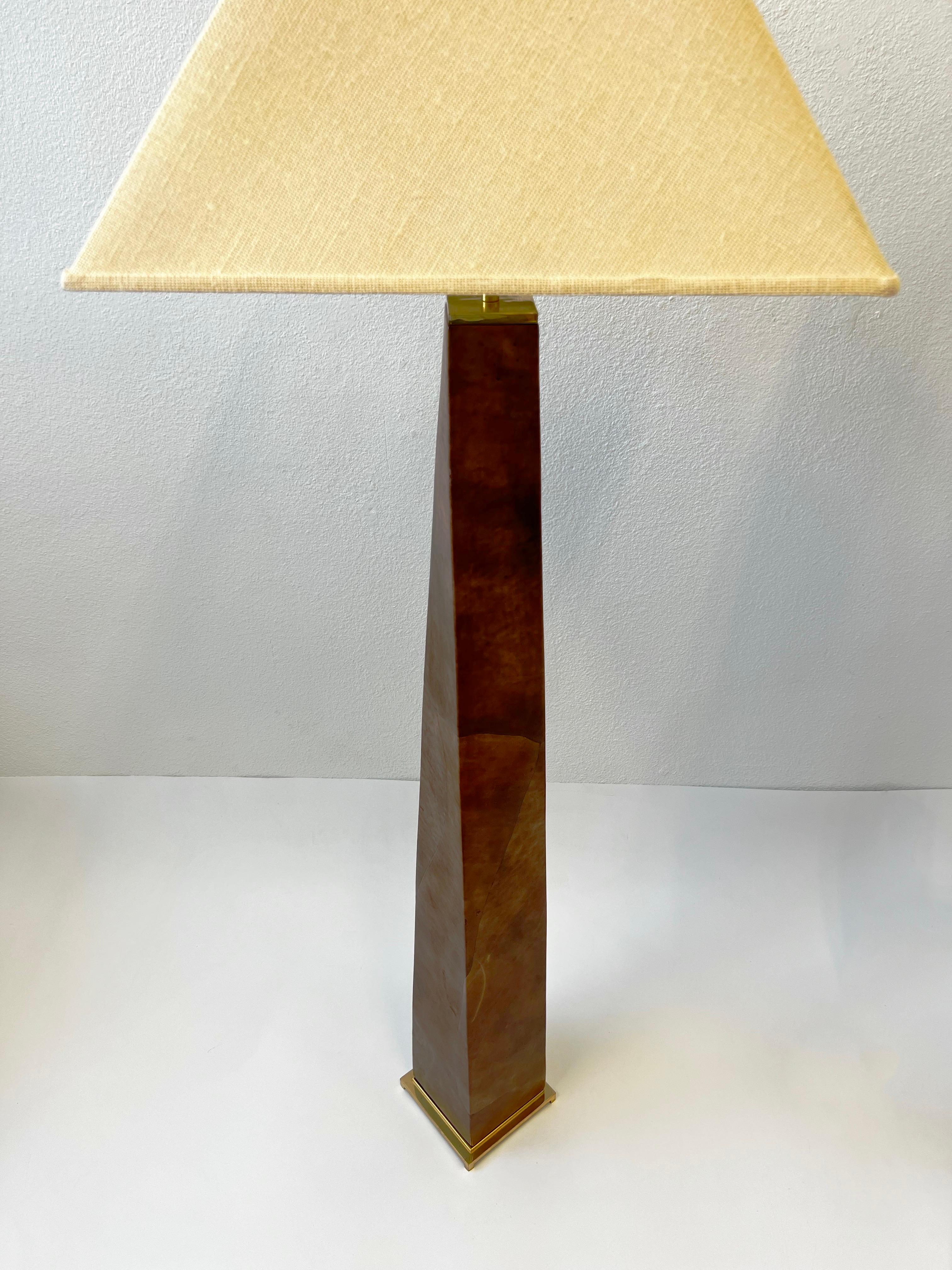 Pair of Leather and Brass Floor Lamps by Karl Springer  For Sale 1