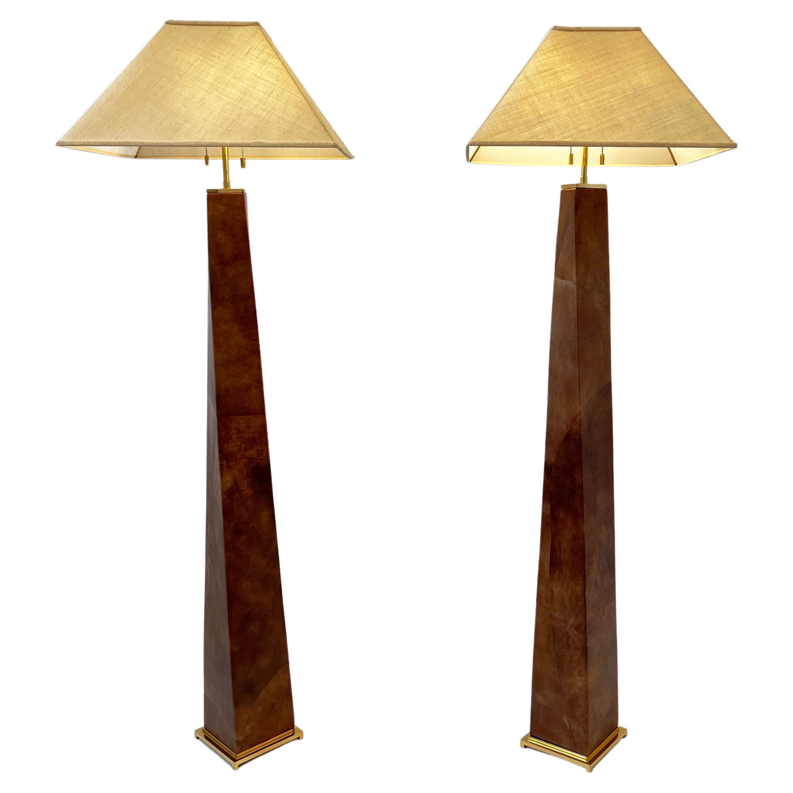 Pair of Leather and Brass Floor Lamps by Karl Springer 