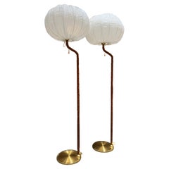 Pair of Leather and Brass Floor Lamps Oia, Sweden, 1970