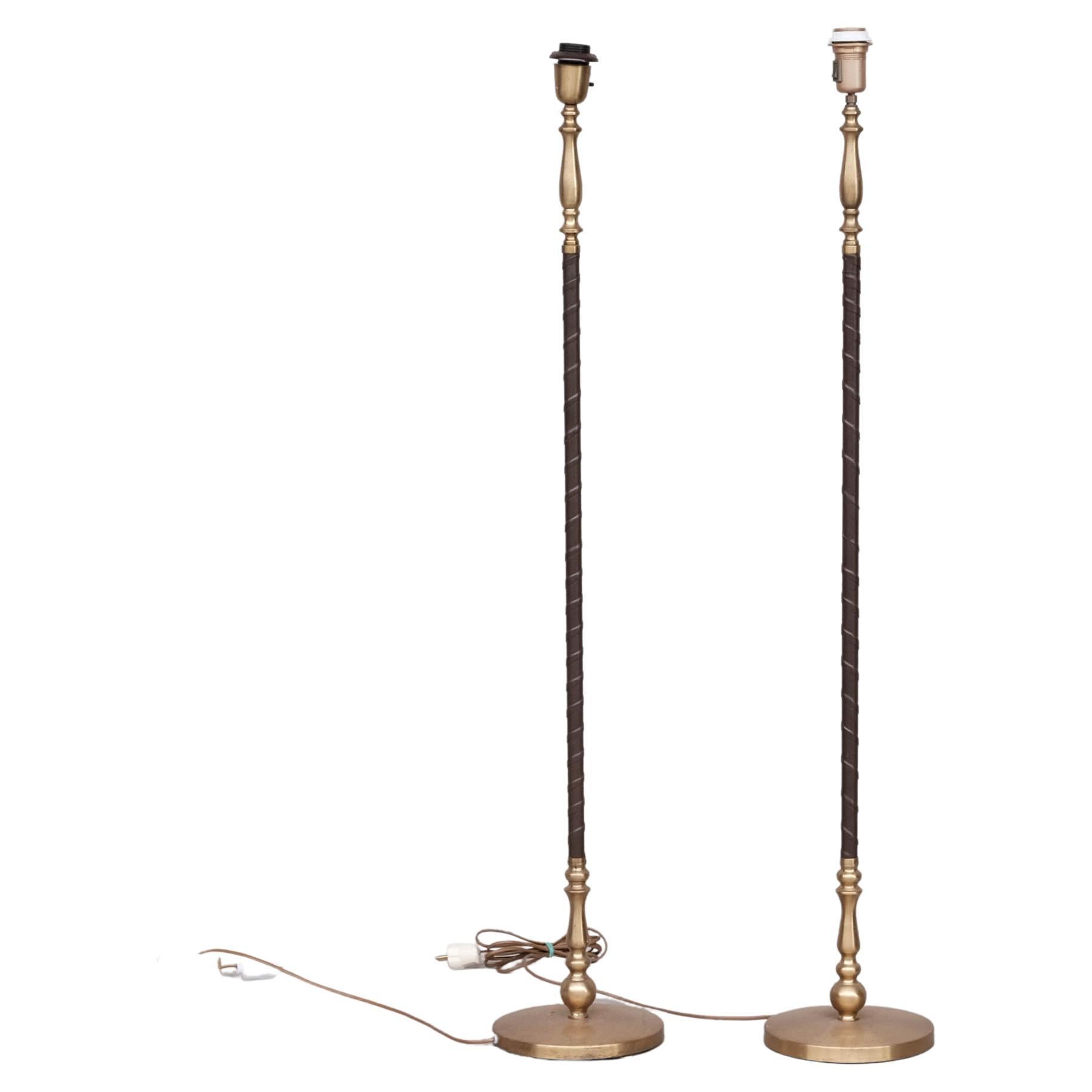 Pair of Leather and Brass Mid-Century Einar Bäckström Floor Lamps For Sale