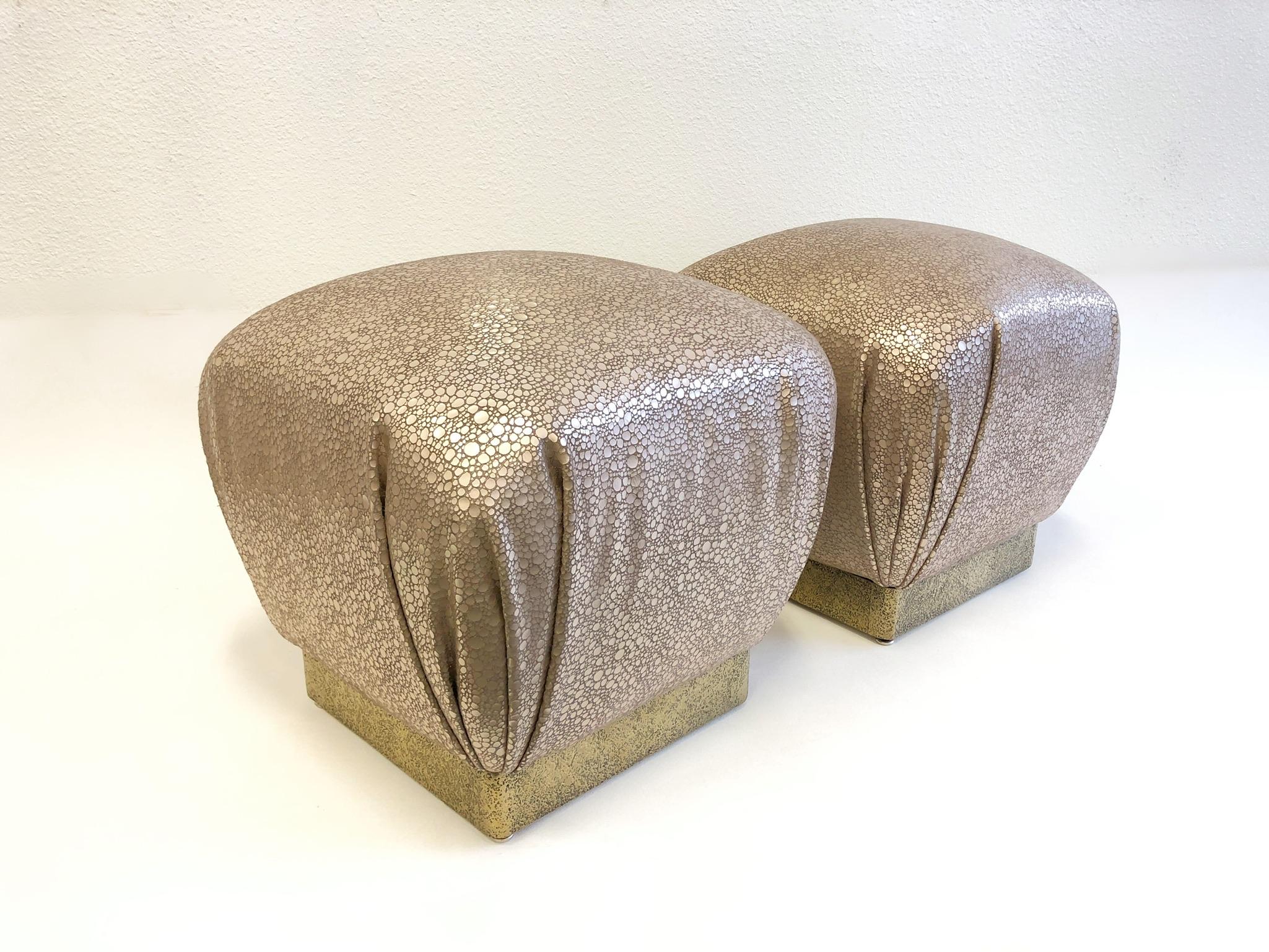 Pair of Leather and Brutalist Brass Poufs by Marge Carson For Sale 5