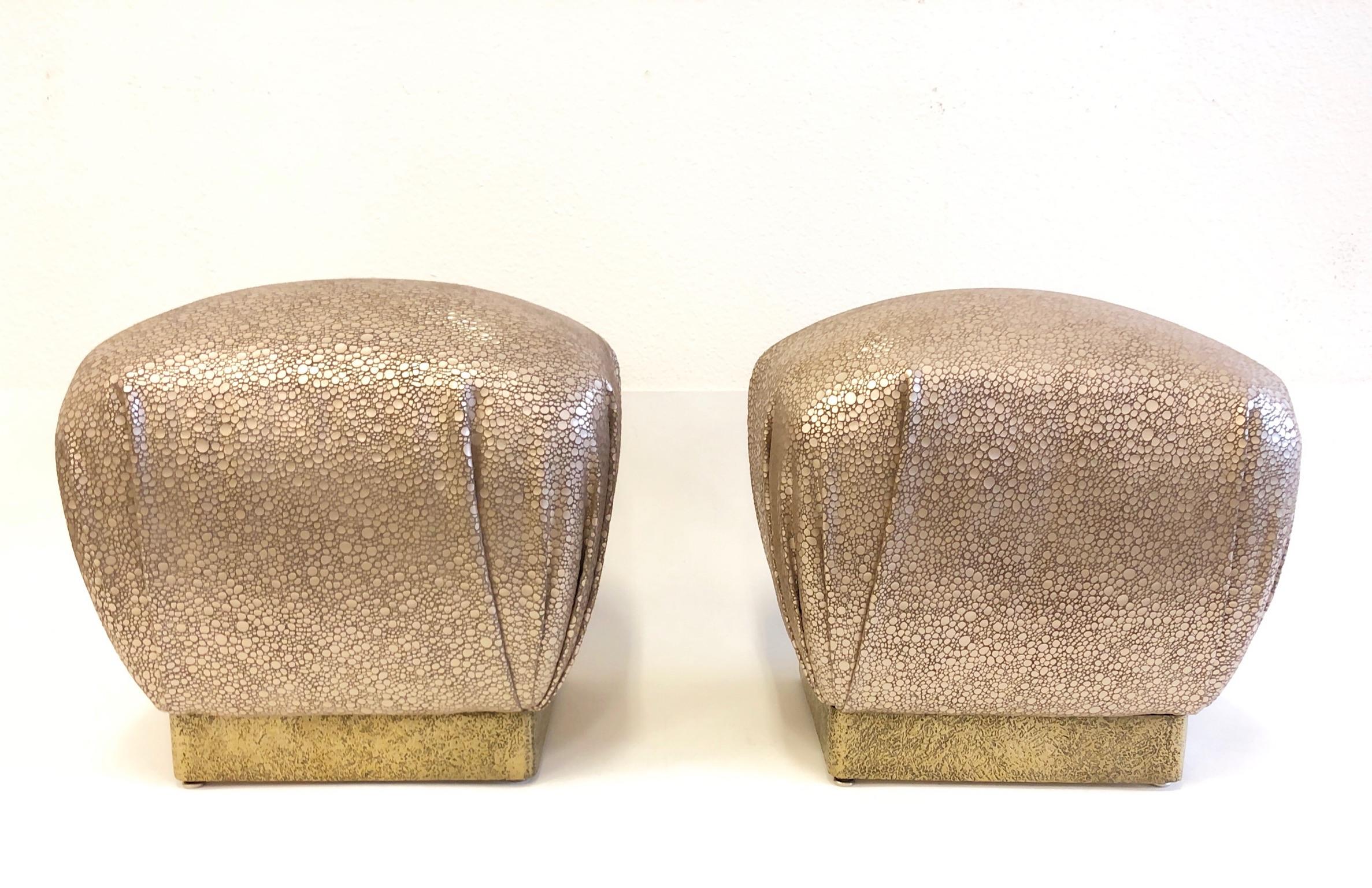 Pair of Leather and Brutalist Brass Poufs by Marge Carson For Sale 6