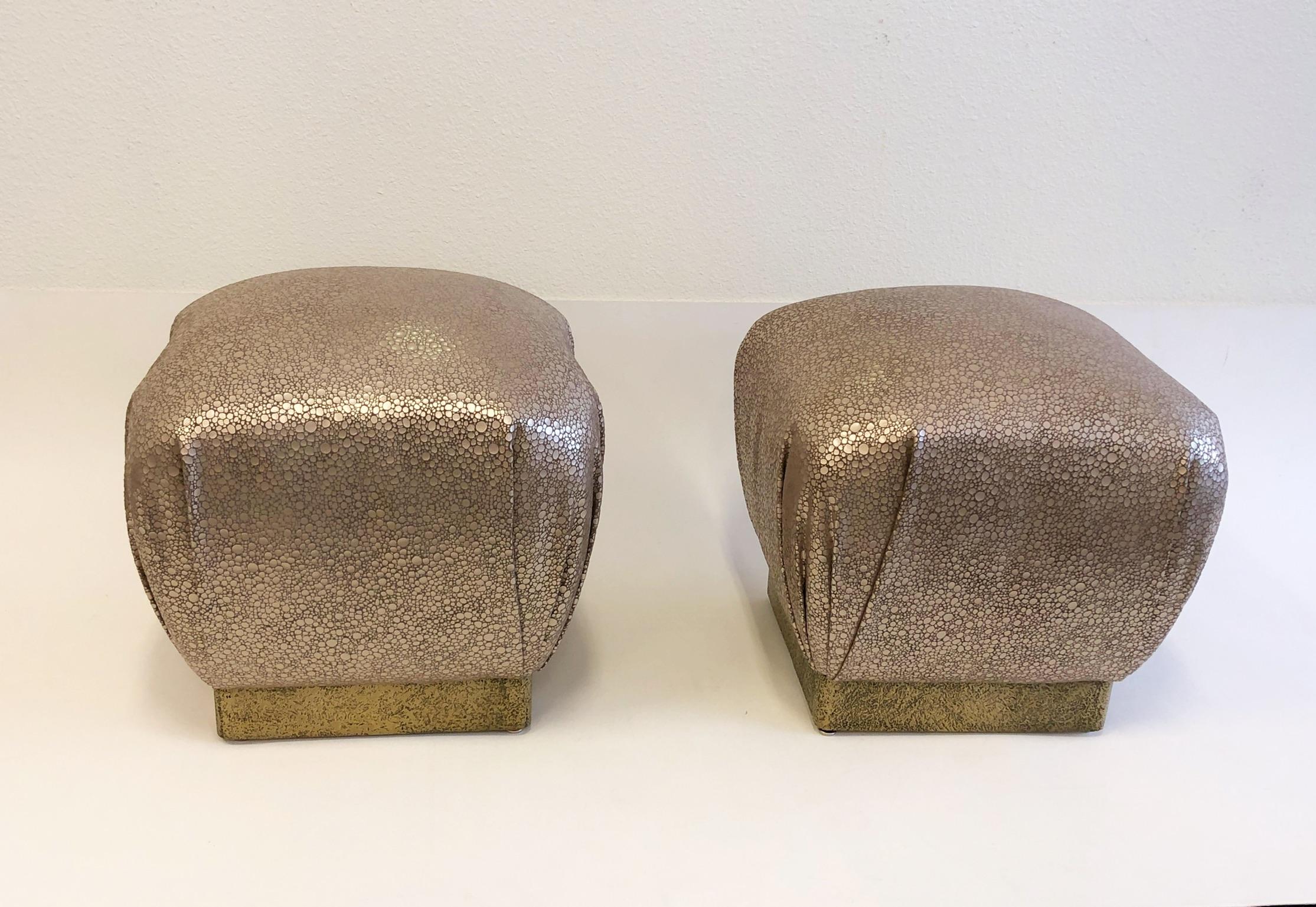 Modern Pair of Leather and Brutalist Brass Poufs by Marge Carson For Sale