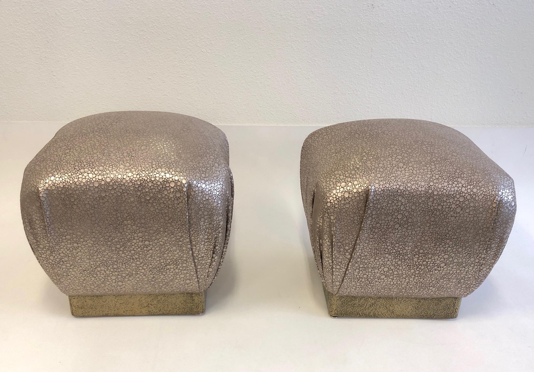 American Pair of Leather and Brutalist Brass Poufs by Marge Carson For Sale