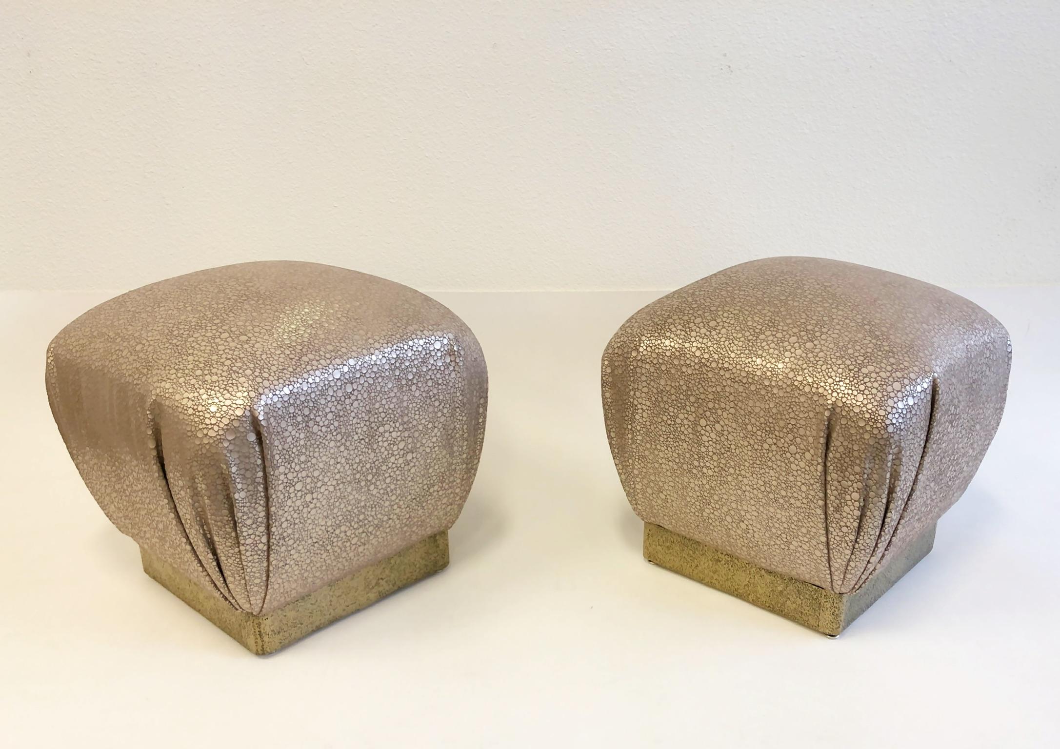 Pair of Leather and Brutalist Brass Poufs by Marge Carson In Excellent Condition For Sale In Palm Springs, CA