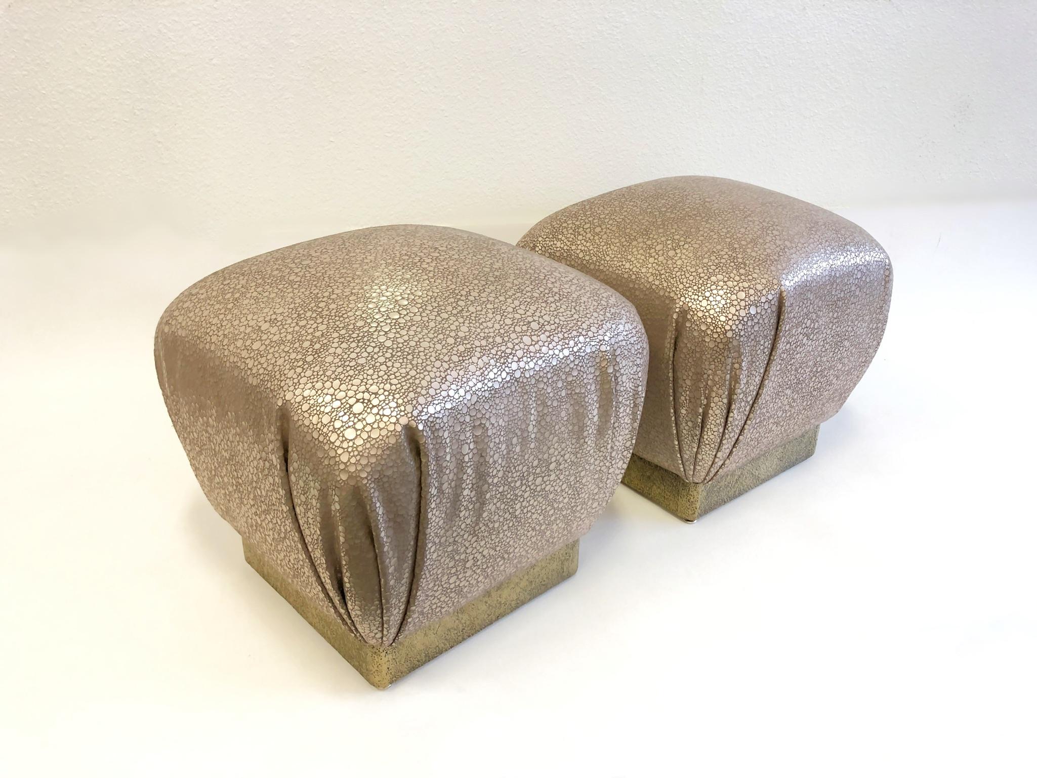 Late 20th Century Pair of Leather and Brutalist Brass Poufs by Marge Carson For Sale