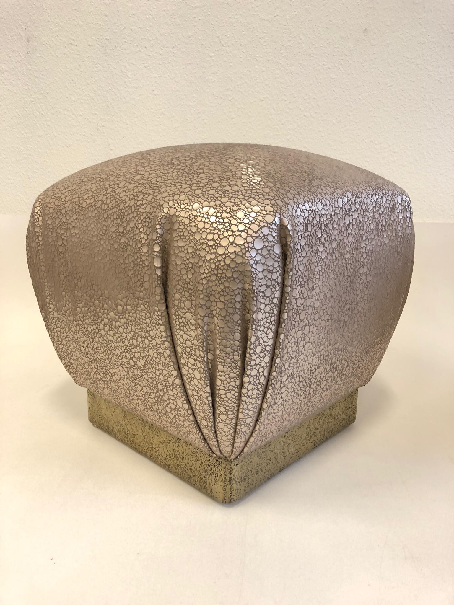 Pair of Leather and Brutalist Brass Poufs by Marge Carson For Sale 1